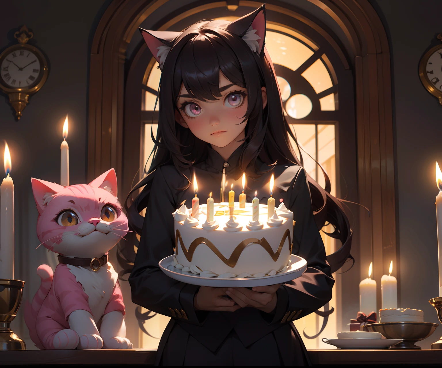 dos personas muy cerca del uno como del otro, el chico con cabello corto cafe y con ojos cafe claro con un rostros muy detallado y hermoso, with a young girl with long hair and pink cat ear in a very romantic place with low lights and some candles and various gifts around her and a big birthday cake, 1chico al otro extremo de cabello medio largo oscuro con un traje muy elegante mientras aplaude