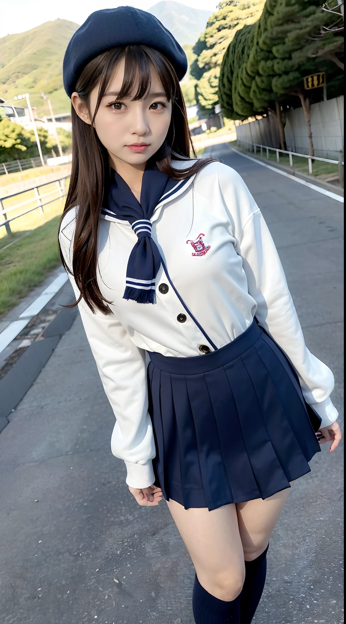 Masuwaka Tsubasa blonde short hair loose socks Sailor suit 腕にloose socks Black checked miniskirt Angry face