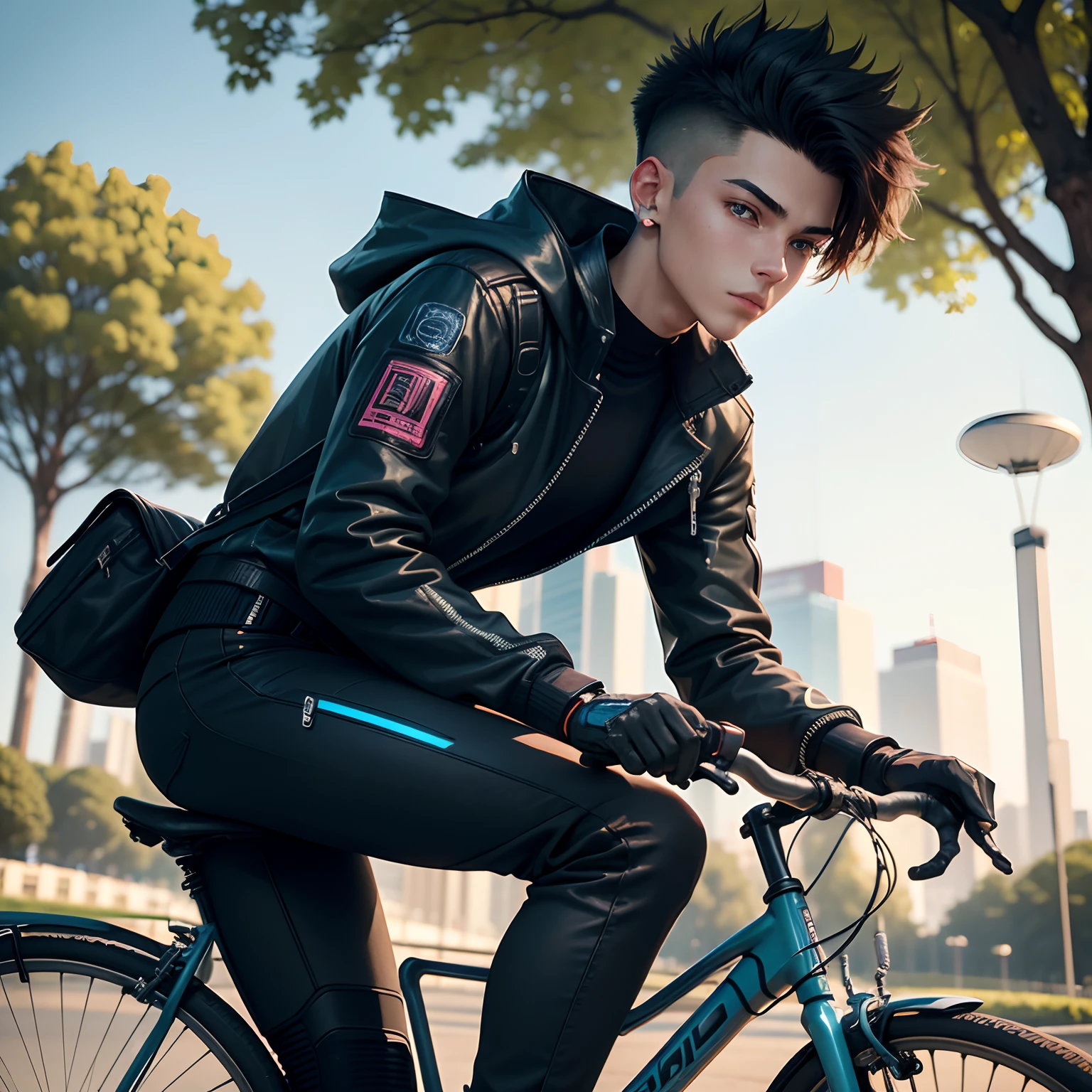 "An 18-year-old boy, impeccably dressed in cyberpunk attire, rides his futuristic bicycle through a park on a perfect, sunny day. His eyes are wide open, absorbing the stunning blend of nature and technology around him. Describe this unique scene."