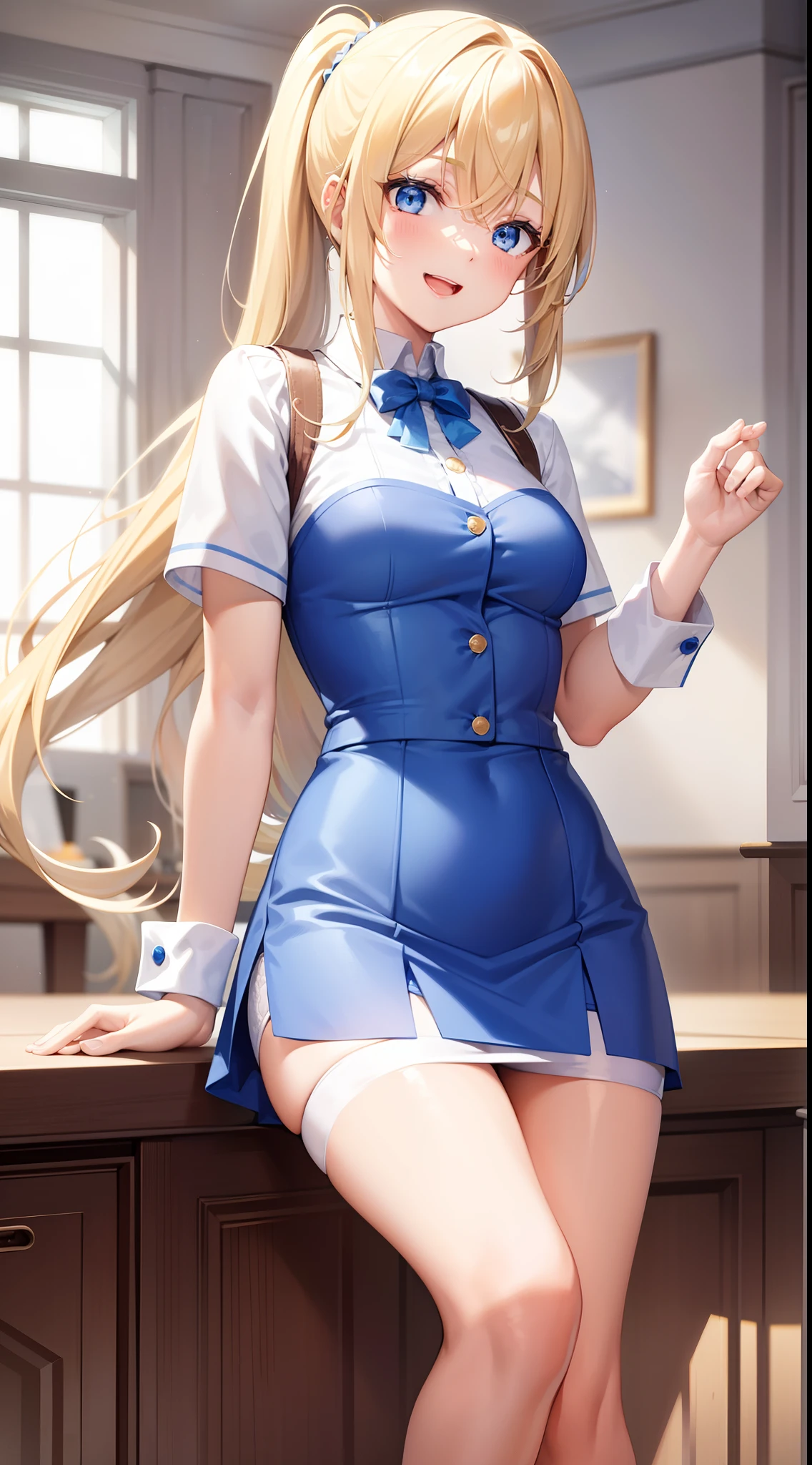 1womanl,ar old,den head hair,Beautiful ponytail hairstyle, (blue high waist skirt:1.3),, (whiteshirt:1.3), (double-breasted,Underbust:1.2), Short sleeves, buttonGap,A smile,small tits,Sweaty shirt,Thigh sweat,Legs wide open,My crotch is wet,lift up skirt,Mansuji,Pants are sheer,Leaking pee,