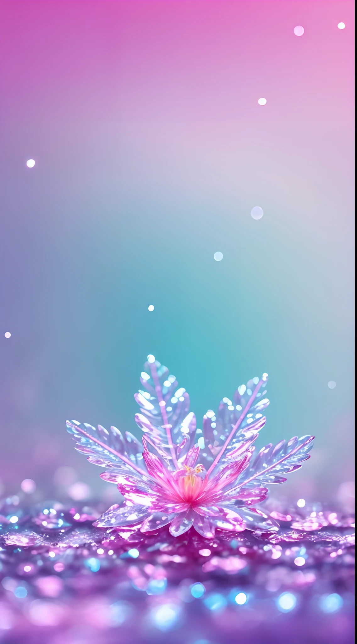 Crystal spring flower,Pink white gradient,water drop,Fantastical, galaxies, Transparent,, Pink white gradient,water drop,Light blue leaves,Sparkle, Sparkle, brilliance, Water,colorful,, Magical photography of light blue leaves, dramatic illumination, Photo realism, Ultra detailed, 4k, depthoffield, high resolusion