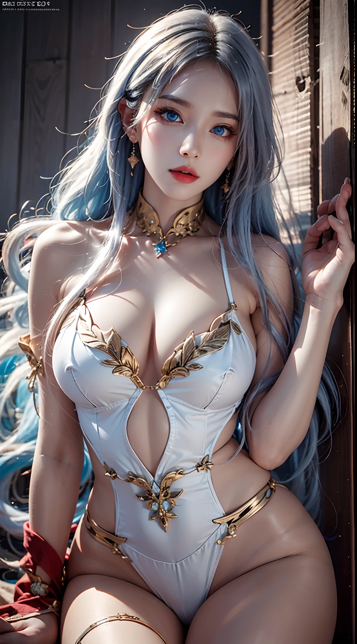 photorealistic, high resolution, soft lights, 1women, solo, hips up, red eyes, white hair, long hair, (detailed eyes, blue eyes), solo, red leotard,realistic, makeup, jewelry, tattoo, vietnamese traditional clothing, aodai