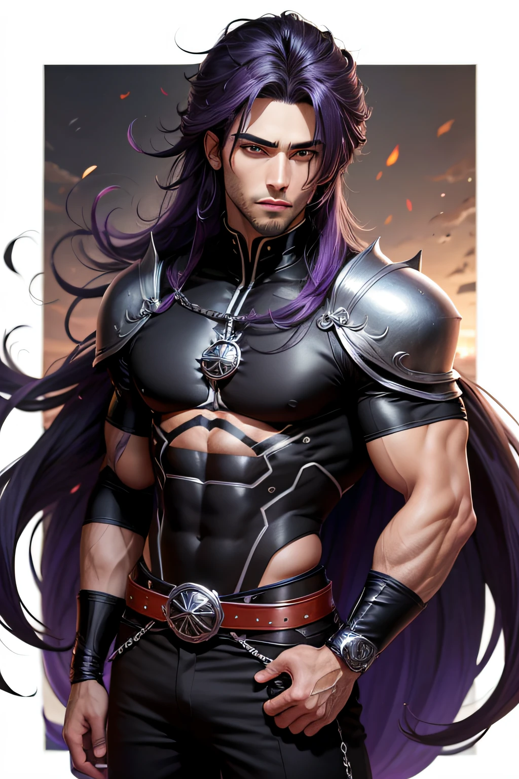 Young man of 1.65, (Black long hair swept up), (detailed eyes, shining eyes) , with a muscular and athletic body, (covered in scars), (monkey tail), (wearing armor on his torso that covered the area of his abdomen back and chest), (shoulder pads and white gloves and a short-sleeved second-skin shirt and wide black pants).