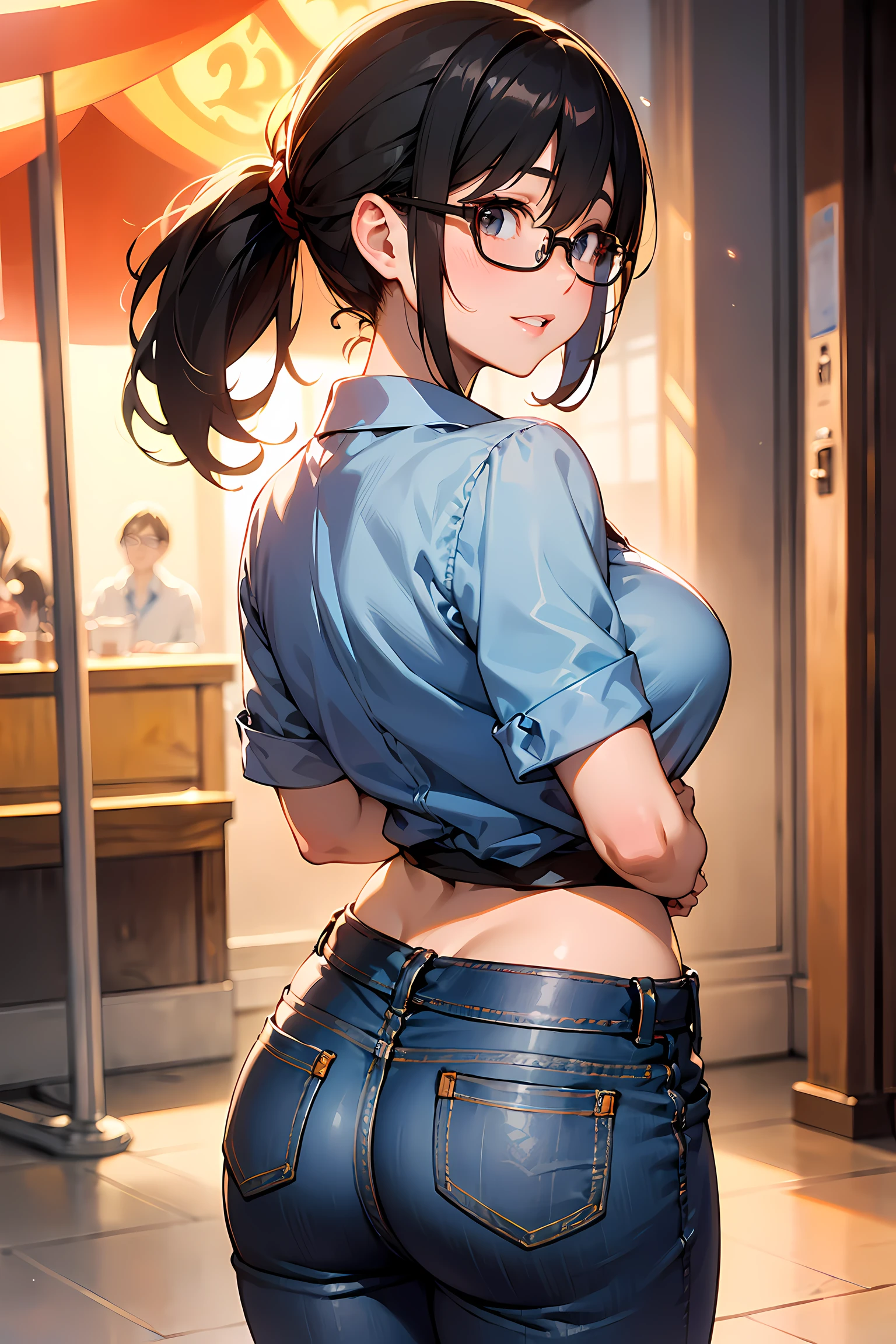 high resolution, Photo of a beautiful woman detailed_face, young handsome girl,realistic:0.5, perfect skin, (wearing a glasses:1.5), ((from behind:1.5)), (ultra-detailed background, detailed background), bokeh, make happy expressions, happy emotion, gorgeous,pure, beautyfull detailed face and eyes,breasts, (black eyes:1.1), (a extremely pretty and beautiful Japanese woman), (sexy girl), (professional attire:1.3), (22 years old: 1.1), BREAK, (lovely outfit:1.2), (detailed blue collared shirt:1.2), (skinny denim pants:1.2), (leather boots))), cleavage, beautiful detailed skin, (cute:1.2), (black hair), ((jpop idol)), (upper thigh:0.6), (depth of field),soft light, Lens Glow looking at viewer, (Drooping eyes:1.2), straight teeth,smile, floating hair, (black hair:1.2), brown eyes BREAK scene, cinematic, full colors, 4k, 8k, 16k, RAW photo, masterpiece, professionally color graded, professional photography, high school girl, hair up, , soft clean focus, realistic lighting and shading, (an extremely delicate and beautiful art)1.3, elegant,active angle,dynamism pose BREAK (ponytail:1.3), (shiny-black thin hair:1.2), bangs, dark brown eyes, beautiful eyes, princess eyes, (big eyes:1.3), bangs, wearing a glasses:1.3, Hair between eyes, short hair:1.3, (slender:1.1), (medium-breasts:0.95), (thin waist: 1.15), (detailed beautiful girl: 1.4), Parted lips, Red lips, full-make-up face, (shiny skin), ((Perfect Female Body)), (upper body image:1.3), Perfect Anatomy, Perfect Proportions, (most beautiful Korean actress face:1.3, extremely cute and beautiful Japanese actress face:1.3), ,(1glasses girl:1.3, solo), ,(blush:1.1), gray background, solo focus, (bust shot:1.2), cinematic light, (nostalgic night scene:1.4), (amusement park:1.4), (merry-go-round、the Ferris wheel、rollercoaster), (arms behind back :1.4), (looking at viewer:1.2