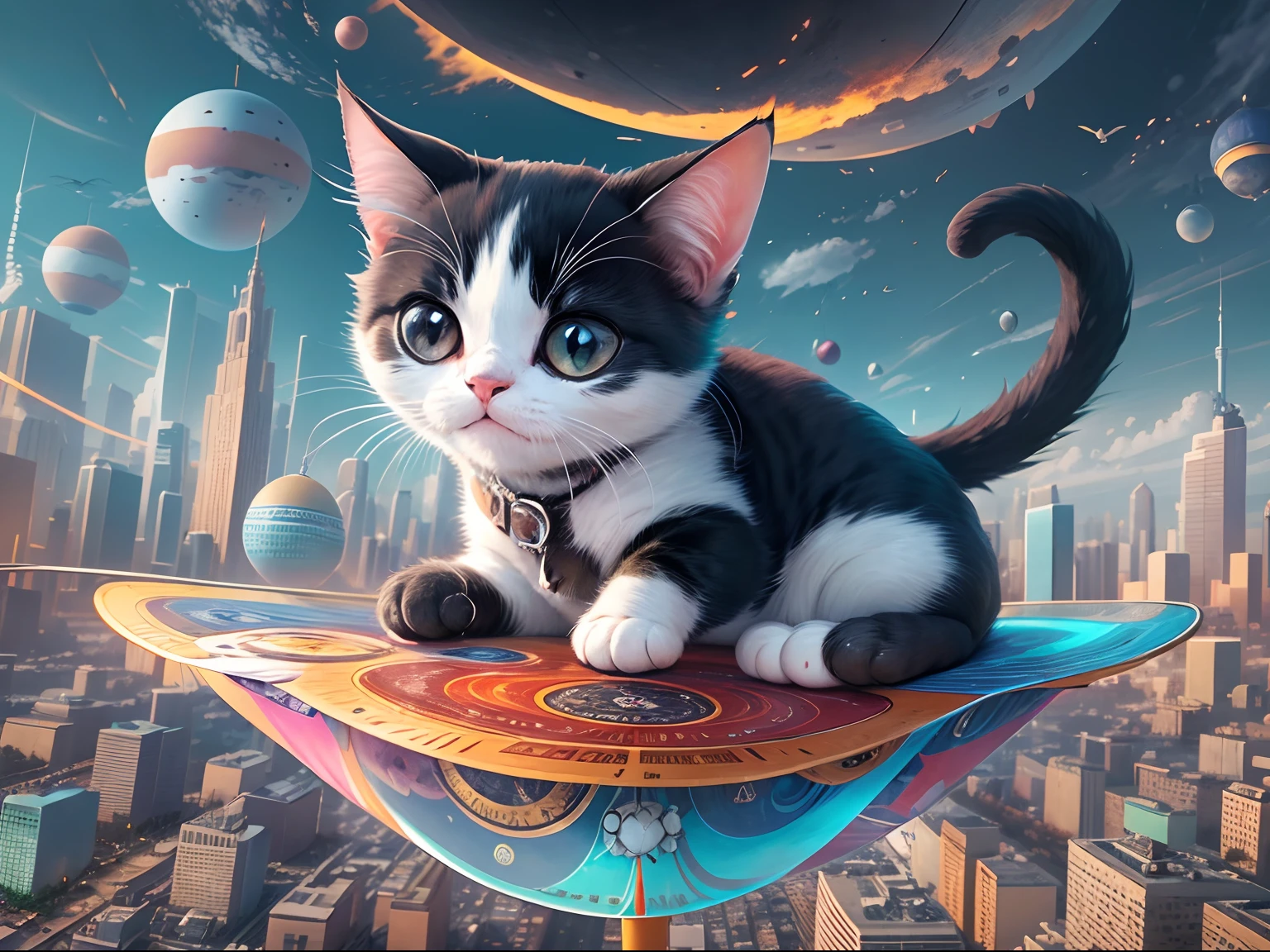 1 round-eyed black and white adorable cat, Being in the air, Sit on a colorful magic carpet ,viewed from bird's-eye, The background is the city of the future, Science fiction world.