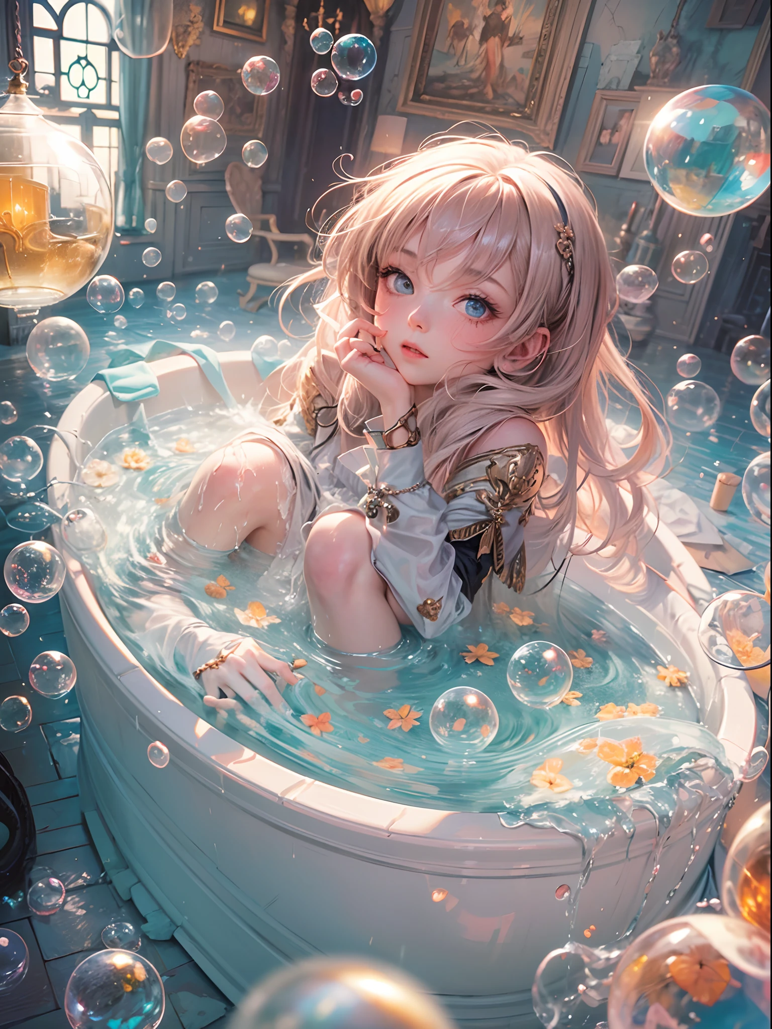 The cute girl  in the midst of a delightful bath, surrounded by an explosion of iridescent soap bubbles, Soft Lighting, accentuating the magical ambiance, sharp focus on the girl and the intricate details of the fairy house room, expression, reflecting the sheer joy and wonder of this magical experience, art by by Marc Simonetti & Yoji Shinkawa & WLOP, hyperdetailed artwork, creative, high_res