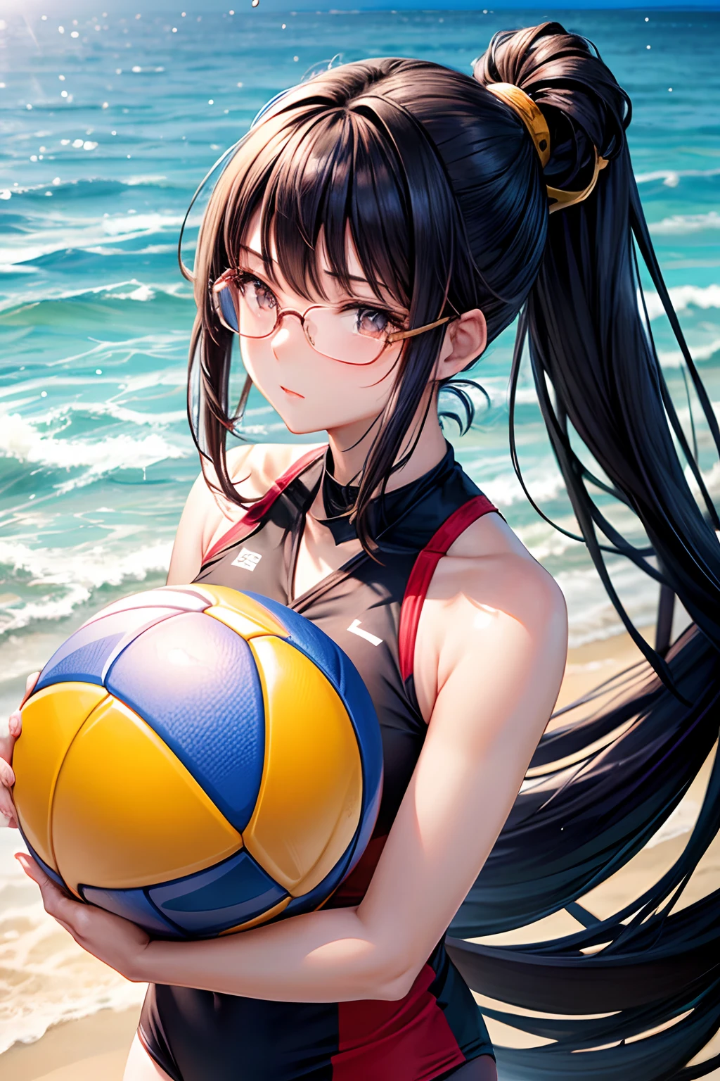 Black hair, hair behind ear, Floating hair, Shiny hair, nihongami, Lonely nape hair, X Hair Ornament, rimless eyewear, awardwinning、Volleyball players, girl with, Beach, 4K, Textured skin, Super Detail
