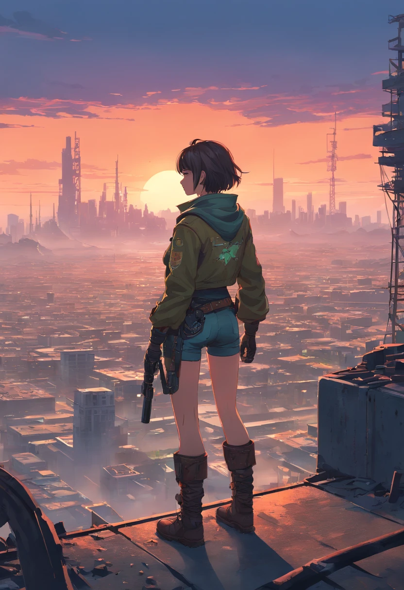 A post-apocalyptic wasteland where a lone wanderer, clad in tattered leather armor, stands atop a derelict skyscraper, overlooking a sprawling, ruined city as a blood-red sun sets on the horizon.

Modifiers: Post-apocalyptic, desolate, highly detailed, atmospheric, rugged, gritty, digital painting, warm lighting, sharp focus.

Artist or Style Inspiration: simon stålenhag, Mad Max, Fallout.

Technical Specifications: 4K UHD image, Unreal Engine 5, cinematic view, atmospheric haze.