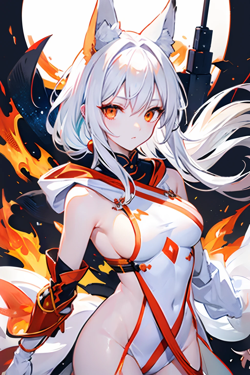 white hair、Orange Eyes、Fox ear hood、ember、without background、frontage、full bodyesbian