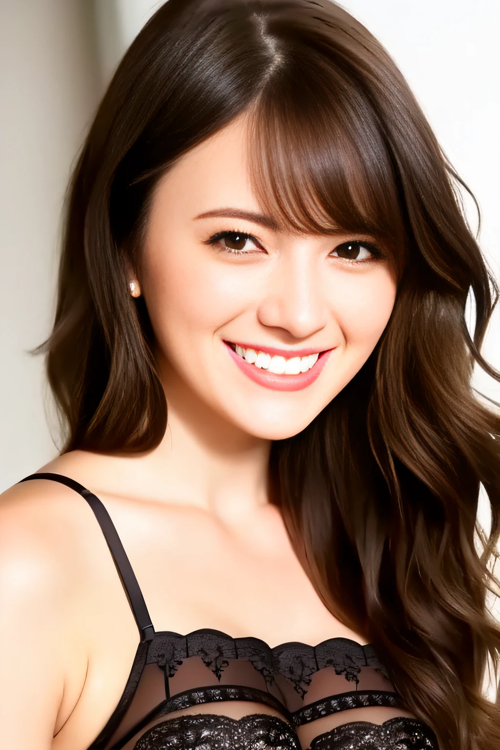 Beautie A smile Gently wavy hair Black lingerie Brown hair