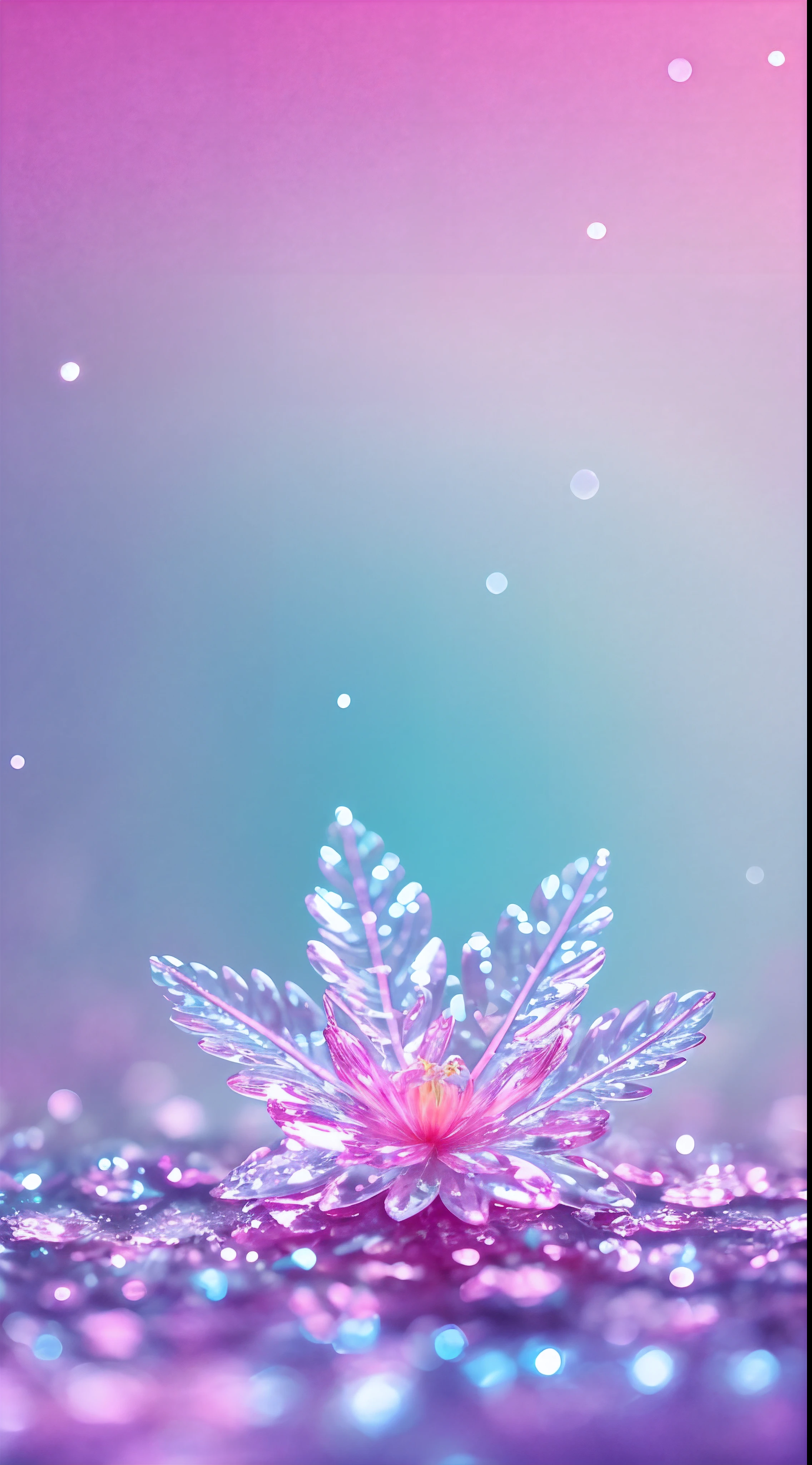 Crystal spring flower，Pink white gradient，water drop，Fantastical, galaxies, Transparent,, Pink white gradient，water drop，Light blue leaves，Sparkle, Sparkle, brilliance, Water，colorful，, Magical photography of light blue leaves, dramatic illumination, Photo realism, Ultra detailed, 4k, depthoffield, high resolusion
