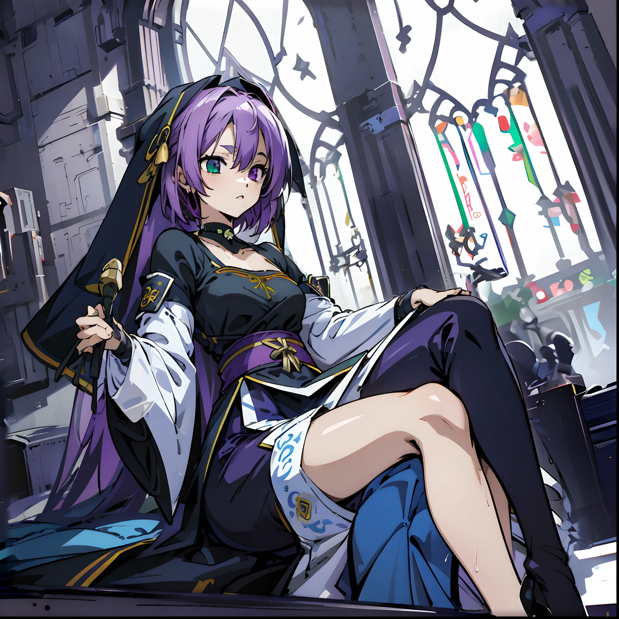 Masterpiece, Best quality, Ultra-detailed, Off-the-shoulder attire, Colorful,take up close, Hyper-detailing，purple color hair, reo mikage, bluelock, no sleeves, camisole, blue camisole, cheongsam, thights, choker, arm cover, scar, big breasts 1girl, Solo, sharpy face, heterochromia, green eyes, purple eyes, Bare neck