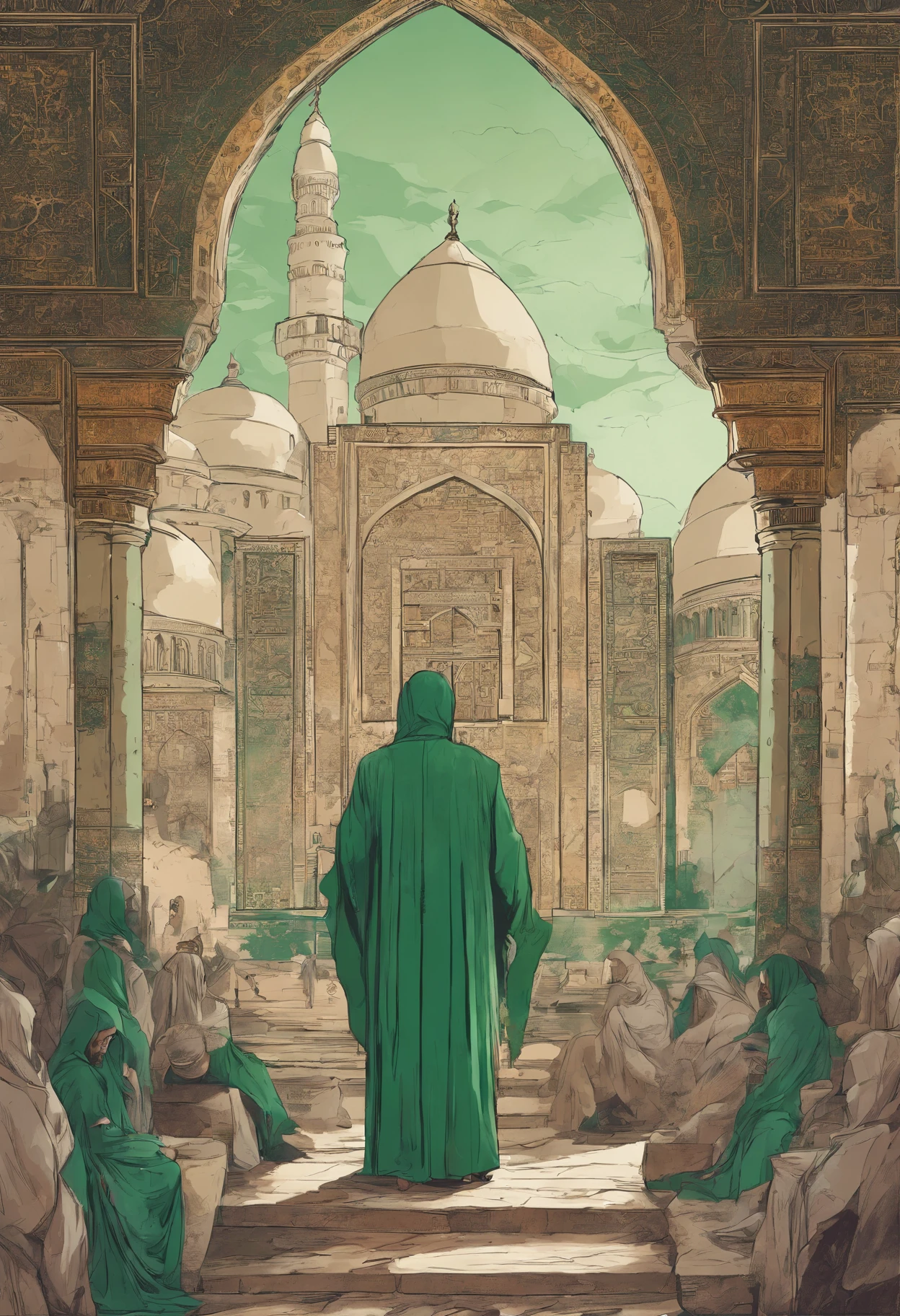 An arabian man with green robe standing on a rock opening his hands and telling parables in a crowd, mosque, 1400 years ago, Islamic elements, extremely detailed