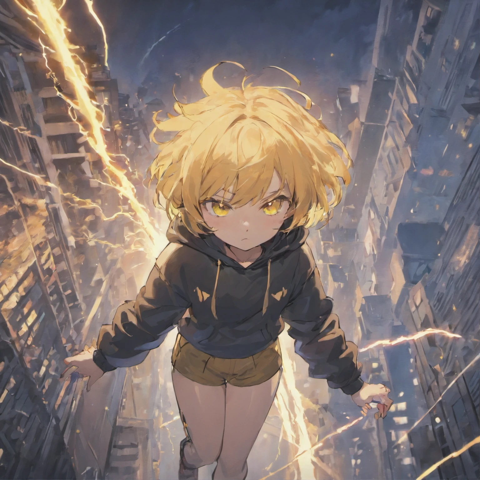 girl with blonde short hair, yellow eyes, wearing long pants, black hoodie, using lightning magic, on top of the building