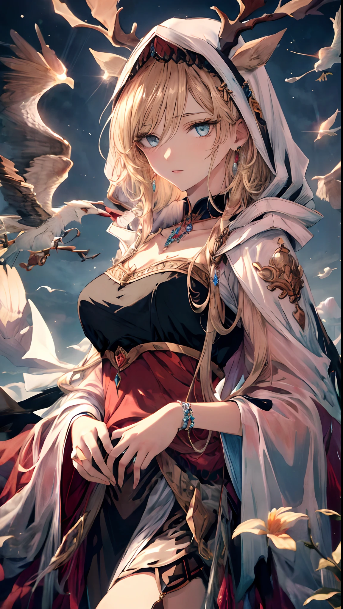 (Best quality, 4K, 8K, A high resolution, Masterpiece:1.2), Ultra-detailed, Noble maiden, Exquisite facial features,Long blonde curly hair details expressed, Graceful posture, Dreamy atmosphere, expressive brush strokes, mystical ambiance, Artistic interpretation,Delicately coiled hair,Floral jewelry with exquisite details, Crystal diamond jewelry,Small fresh aesthetics,Stunning intricate costumes, Fantasy illustration, Subtle colors and tones, The details have been upgraded