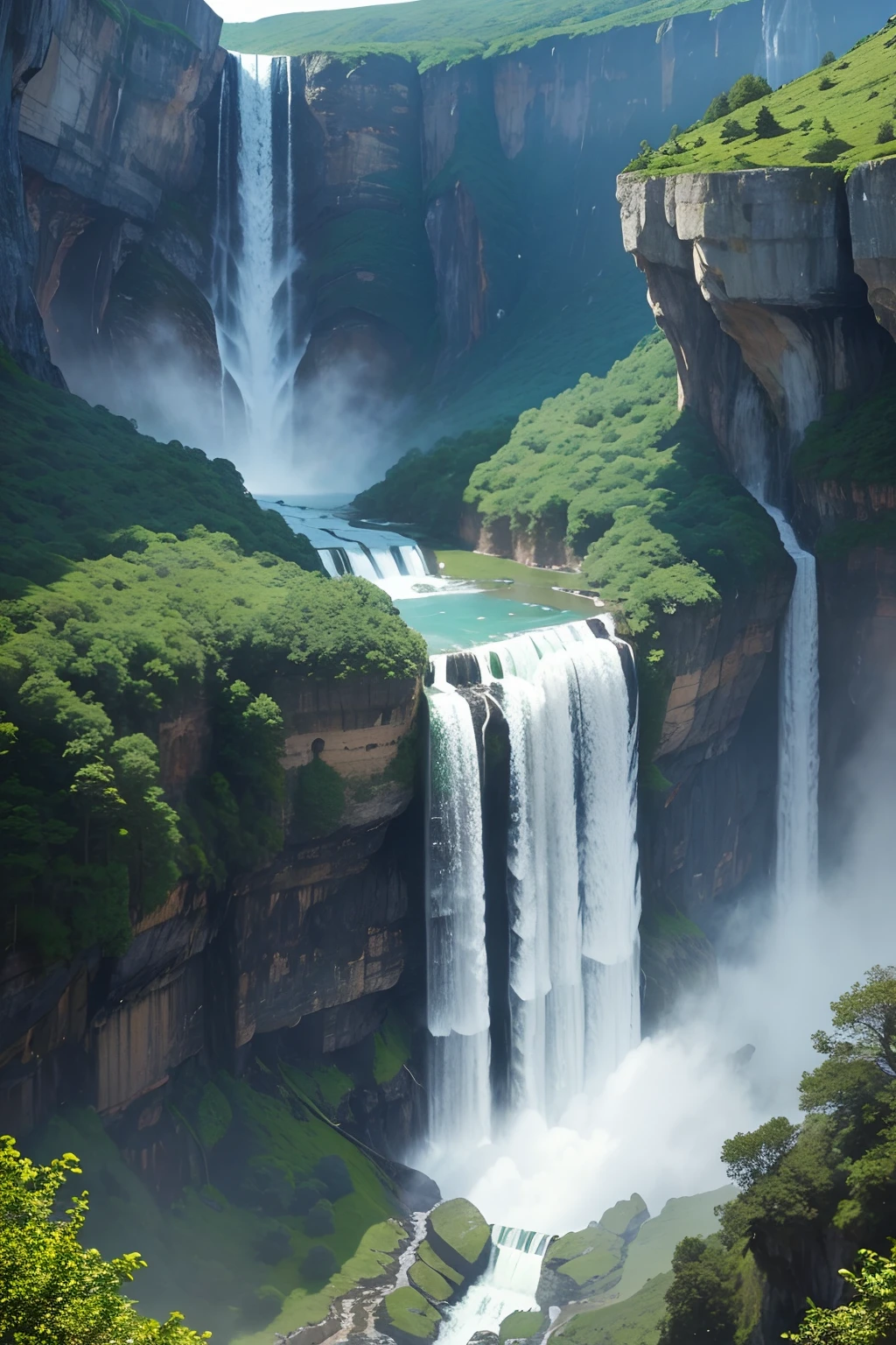 there is a waterfall that is in the middle of a mountain, high waterfalls with 3 step, waterfall below, waterfall in background, multiple waterfalls, waterfall in distance, several waterfalls, waterfalls, waterfall in the background, water fall, waterfalls in the background, waterfalls in distance, with trees and waterfalls, waterfall, (waterfall), an endless waterfall, with waterfalls, huge waterfalls