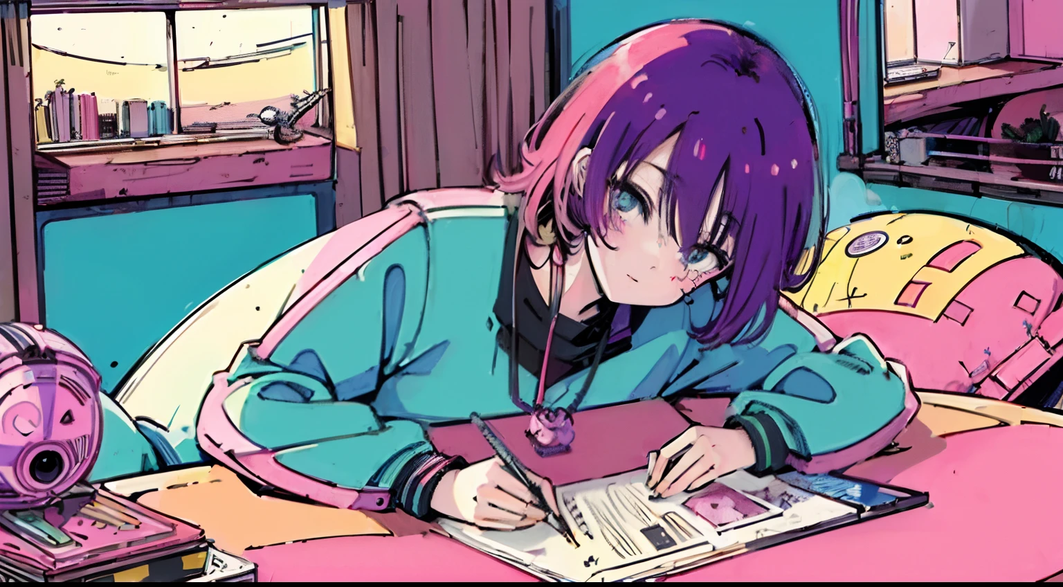 (masutepiece:1.5, Best Quality:1.5), ((Vaporwave Style, Partially colored)), close-up, From  above,  angle, (((vanilla))), 
1girll, Solo, Cute smile,  Being in the room, The doll is a mess, decadent life, 
Lie down in bed, Sunset outside the window, Street outside the window, Sunset outside the window,