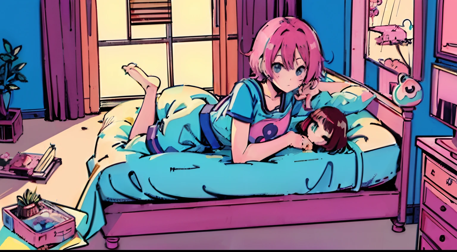 (masutepiece:1.5, Best Quality:1.5), ((Vaporwave Style, Partially colored)), close-up, From above, angle, (((vanilla))),
1girll, Solo, Cute smile, Being in the room, The doll is a mess, decadent life,
Lie down in bed, Sunset outside the window, Street outside the window, Sunset outside the window,