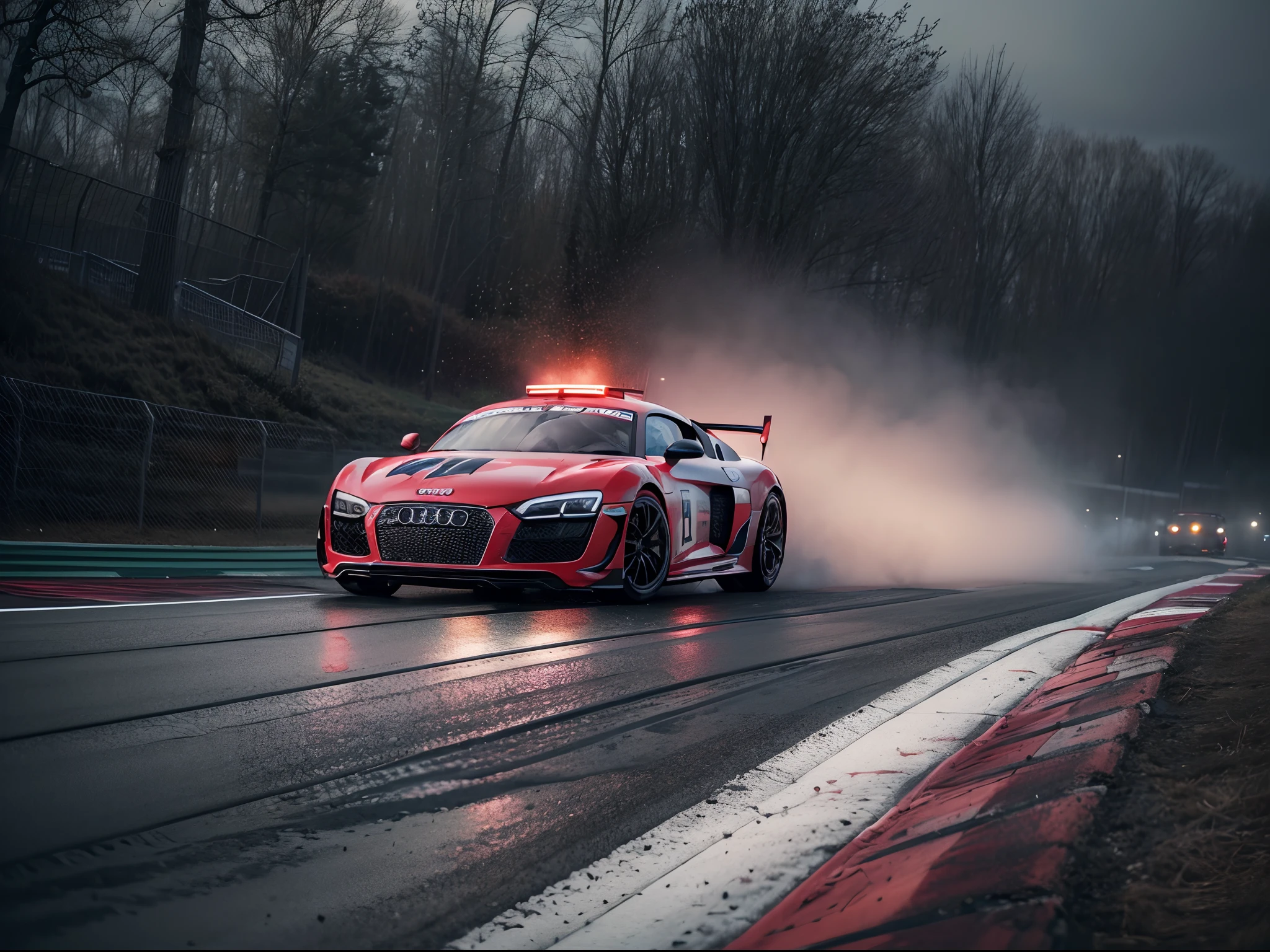 arafed image of a (,AUDI R8 safety car:1.4), (8k, RAW photo, best quality, masterpiece:1.2), (realistic, photo-realistic:1.37), (full body:1.3) (detailed), (highres), ultra realistic, hyperrealistic, high detail RAW color photo of (,AUDI R8 safety car:1.4), high angle shot front view ferrari hypercar driving on a race track, stormy weather, (wet:1.2), (water dust:1.2), 8k uhd, high quality, motion blur, depth blur, cinematic, filmic image 4k, vibrant color, (reflections),(ferrari) race car,(race car:1.4),(endurance race car:1.4),at night, lights, High Detail, Sharp focus, (photorealism), realistic, best quality, 8k, award winning, dramatic lighting, epic, cinematic, masterpiece, rim light, ambient fog:1.3, dutch angle, depth of field,8k uhd, high quality, motion blur, depth blur, cinematic, filmic image 4k, vibrant color, (reflections),spoiler, GT3 race car, WEC endurance cars,rollcage,sponsors,livery, sponsored livery,lights turned on,motion blur,closeup,commercial photography,AUDI R8 safety car