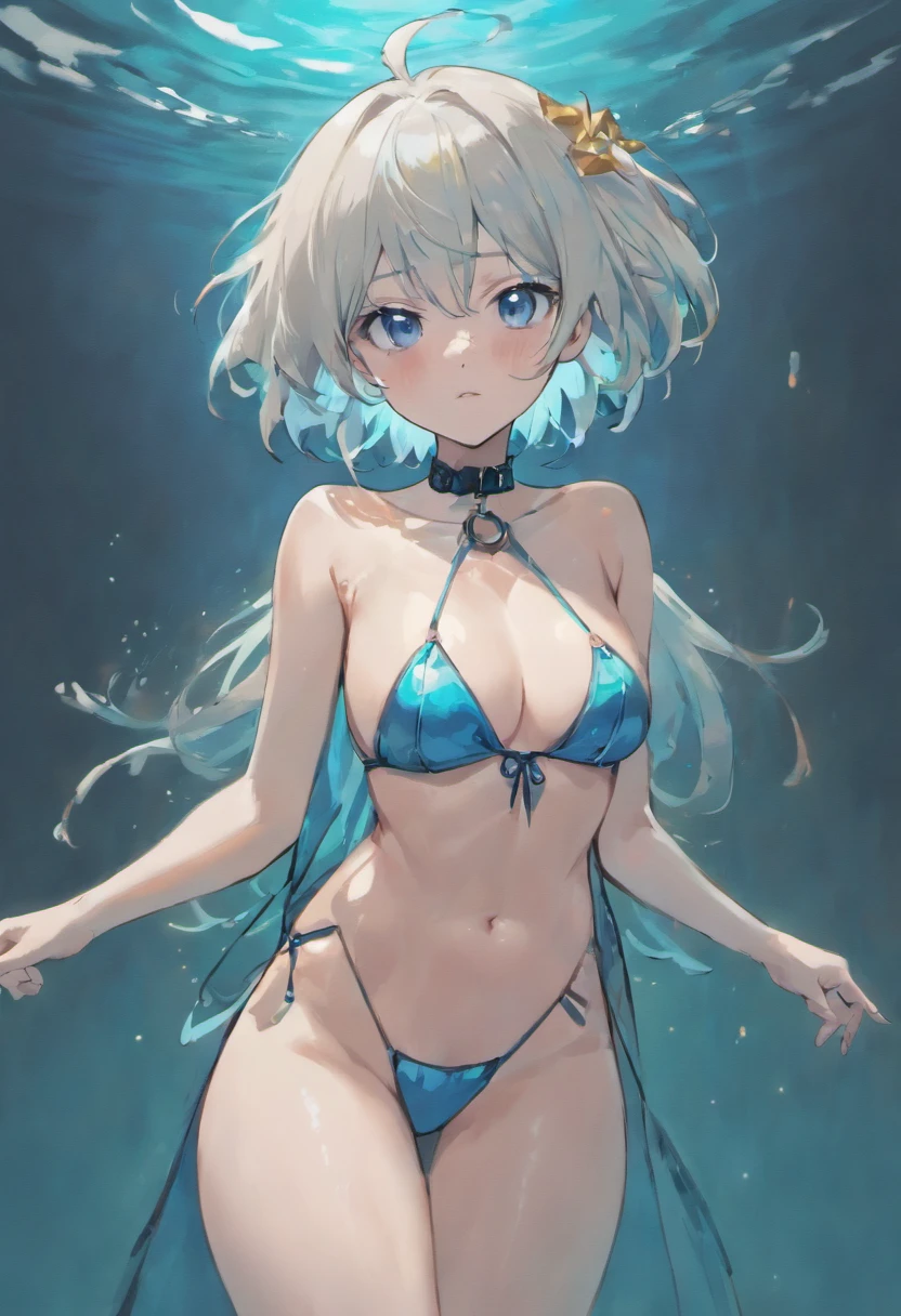 photo, masterpiece, best quality, wallpaper, 8k, highres, 1girl, medium hair, white hair, black bikini, full body, blue eyes, black armband, leg ring,bracelet , sky ,star,night,red choker,chest bandged , legs bandged, swimming,kanzashi ,open chest, all-white ultrathin fabric, (transparent collar), (full chest transparent)), ((protruding nipple)),((((wet, areola shows through)), (((wet and skin shows through))