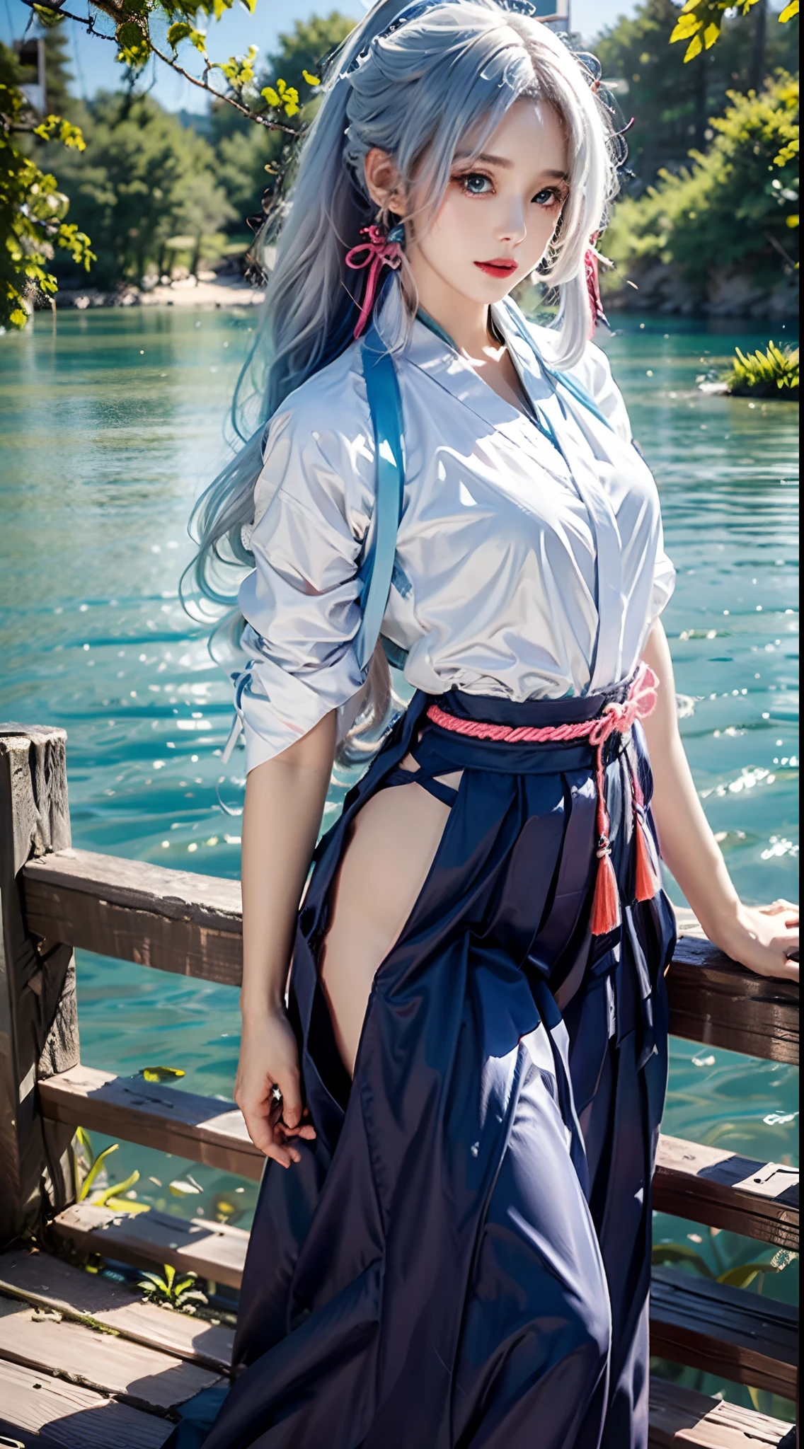photorealistic, high resolution, soft lights, 1women, solo, hips up, blue eyes, white long hair, ponytail, pink hair ribbon, bangs, white shirt, blue long hakama skirt, geta, outdoors, park, lake, lawn, mountains, flowers, sunshine