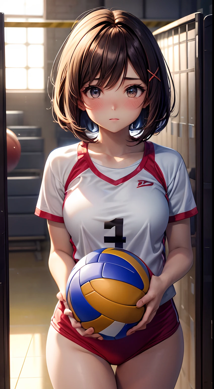 bob cut, floating hair, brown hair, light blush, volleyball, gym storeroom, during a match, x hair ornament, anime, anime style, 4K, textured skin, super detail, best quality, award winning