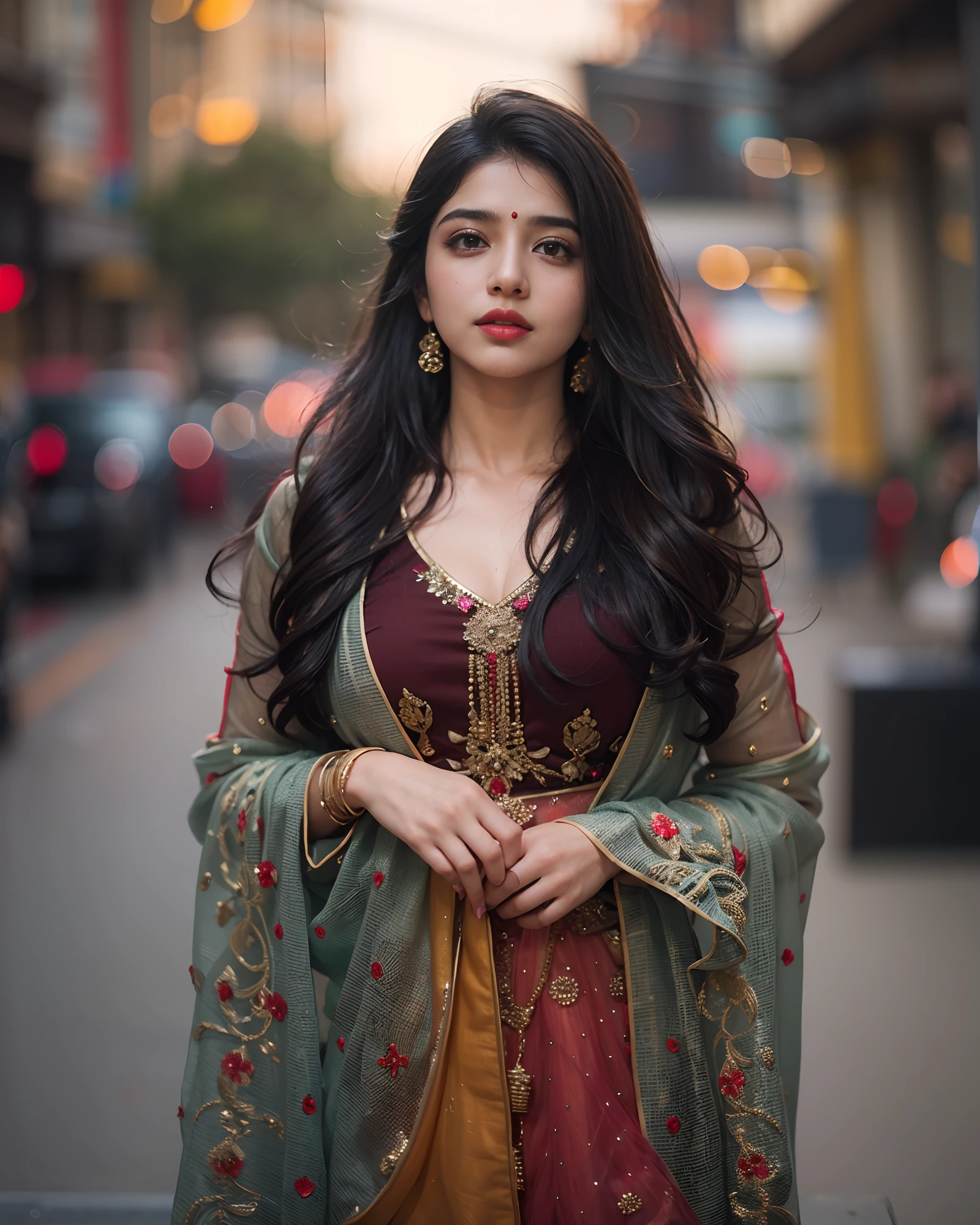(((desi girl))), chubby face, natural skin, wearing hot deep neck top and dupatta, charming black hair, ((hair ends are blonde)), city streets background, bokeh
