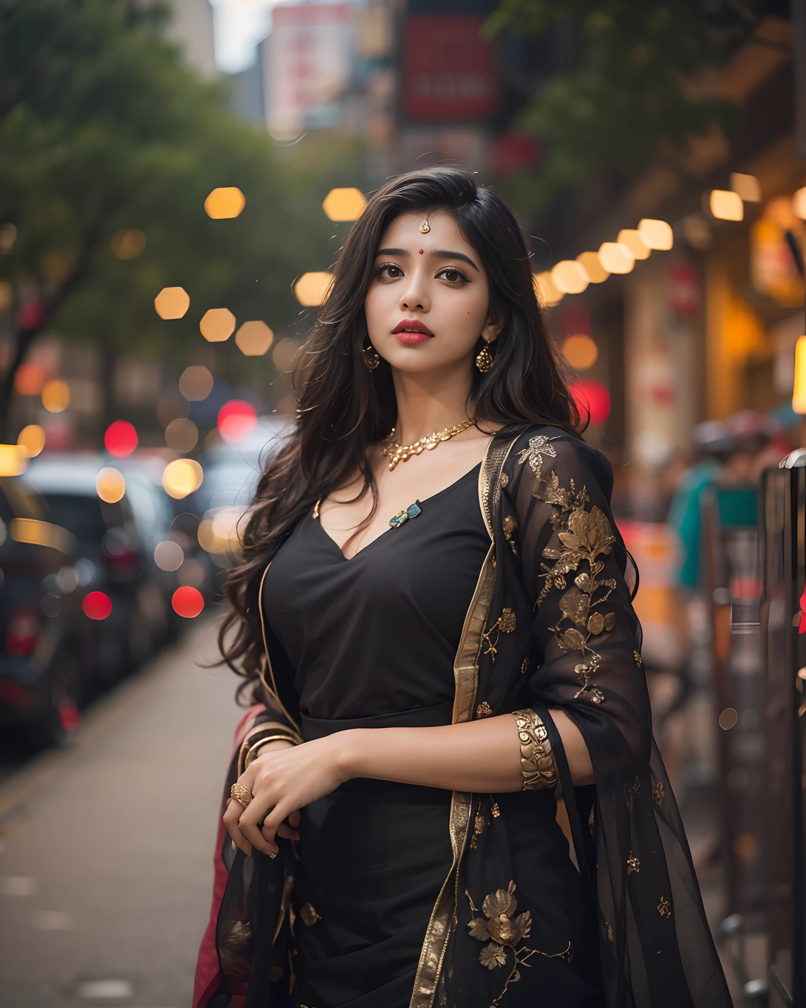 (((desi girl))), chubby face, natural skin, wearing hot deep neck top and dupatta, charming black hair, ((hair ends are blonde)), city streets background, bokeh