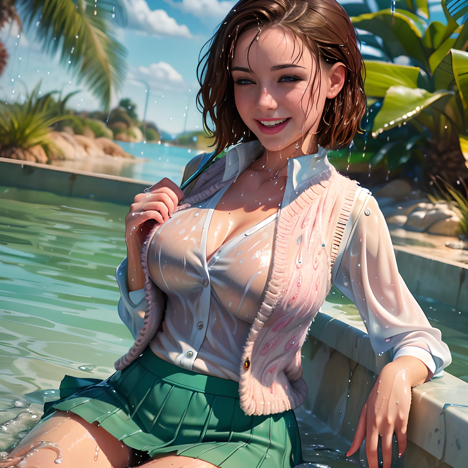 Woman in school uniform sitting in the water, at the rivet, reeds, long sleeves, (buttoned blouse), ((vest)), ((woollen skirt)), closeup fantasy with water magic, beautiful maiden, playful, (splashing) wearing a skirt made of water, cleavage, photorealistic, dripping wet, in water up to her shoulder, beautiful realistic photo, nymph in the water, hyperrealist portrait at seaside, hyperrealistic fantasy photo, splashing, erotic, cute shot, narrow depth of field, 8k, nsfw, ((drenched)), ((soaked)), (dripping water), dripping oil, heavy clothes, soaked in oil, wet all over, rouge lipstick, wet dripping hair, short brown hair, smiling, ((see through)), varied poses