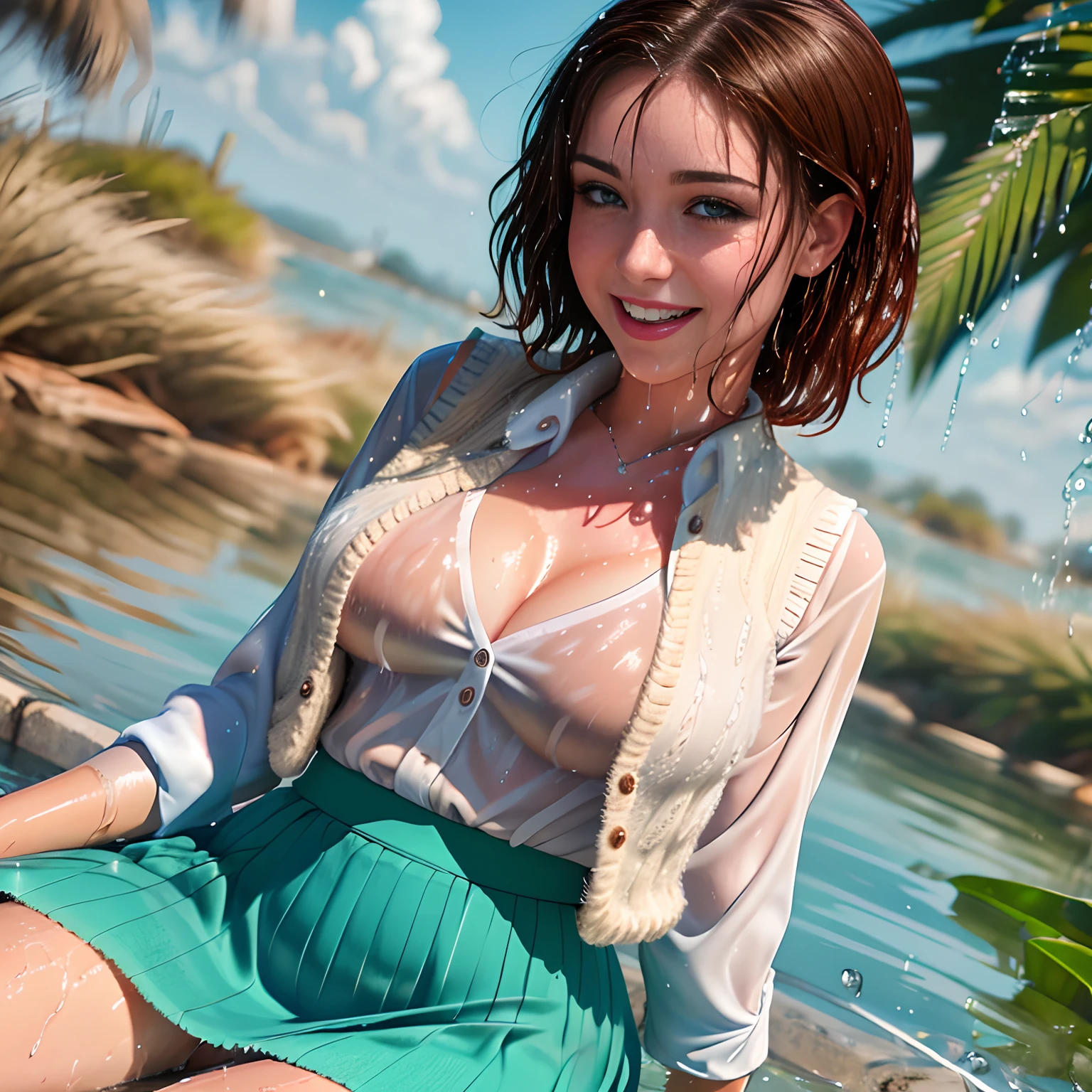 Woman in school uniform sitting in the water, at the rivet, reeds, long sleeves, (buttoned blouse), ((vest)), ((woollen skirt)), closeup fantasy with water magic, beautiful maiden, playful, (splashing) wearing a skirt made of water, cleavage, photorealistic, dripping wet, in water up to her shoulder, beautiful realistic photo, nymph in the water, hyperrealist portrait at seaside, hyperrealistic fantasy photo, splashing, erotic, cute shot, narrow depth of field, 8k, nsfw, ((drenched)), ((soaked)), (dripping water), dripping oil, heavy clothes, soaked in oil, wet all over, rouge lipstick, wet dripping hair, short brown hair, smiling, ((see through)), varied poses