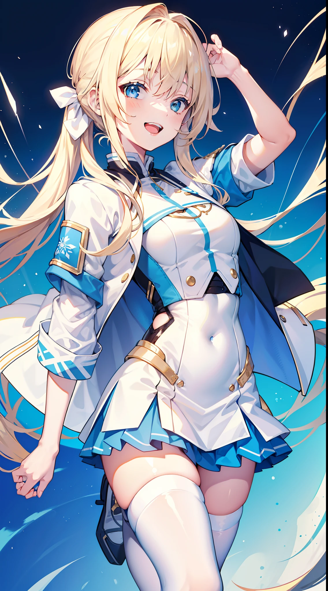 young girl, longue blonde hair, Two ponytails, blue eyes, White jacket, short sleeves, blue tight top, Blue skirt, pantyhouse, Smile, open mouth, Masterpiece, hiquality, 4k, HD, Good detail