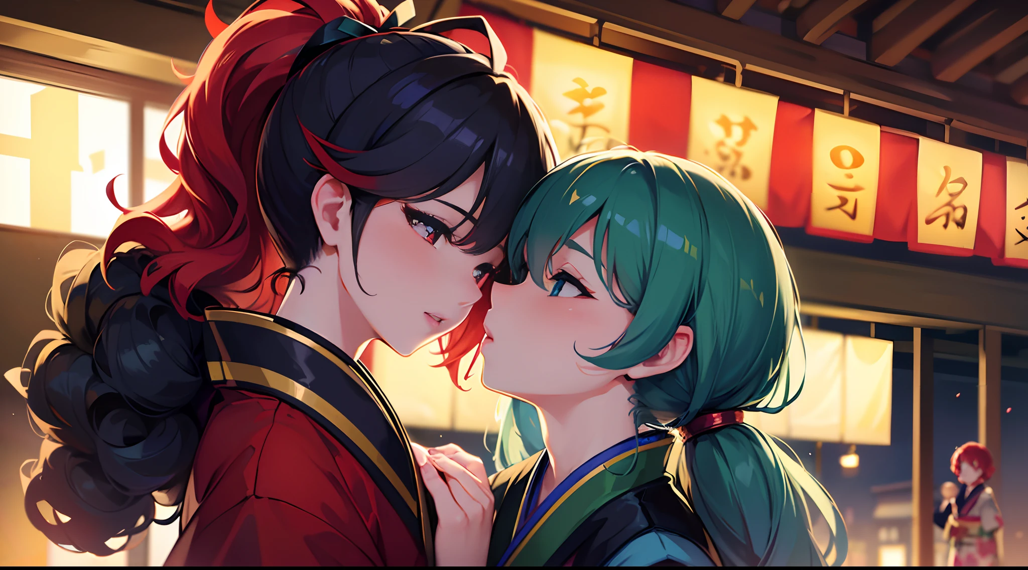 masterpiece, lots of detail, 4k, 8k, ((ultra-detailed)), highres, soft lighting, 2girls, festival, kimono, kissing, {red hair|green hair|black hair|blue hair}, {ponytail|short hair|long hair|curly hair}