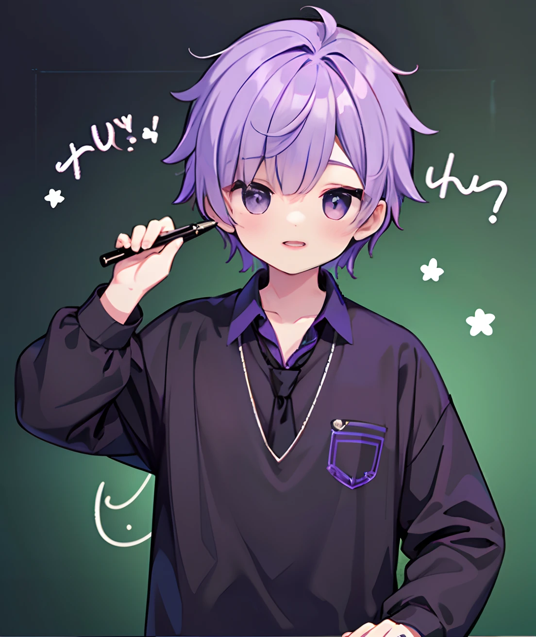 1guy, Handsome man,  Solo、Man with purple hair, Beautiful detailed eyes, beautifull detailed face、Purple eyes、Purple hair、a cool、outer、twinks、Young man with purple hair、Calm、Cool System、Soothing、The best smile、Black shirt、Loose tie、Black under the eyes、Teacher's attire、full body seen、have a pen