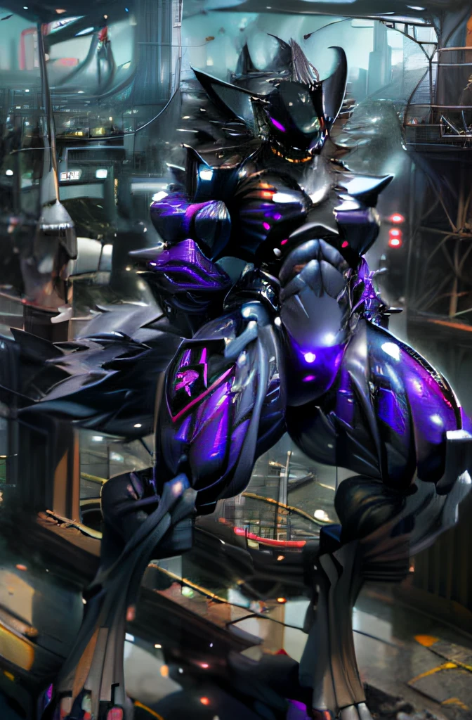 (highly detailed illustration:1.2), best quality, masterpiece, solo, natural lighting, ((protogen:1.1)), (protogen face:1.1), (protogen visor:1.2), black protogen visor, black protogen face, large tail, torso, white eyes, glossy fur, glossy hair, (black fur), standing, NSFW, explicit content, (black body), silver metal, (purple armor:1.2), silver trim, purple frills, multi ear, four ears, anthropomorphic, legs spread open, ((defined muscles)), (((huge muscles:1.5))), buff, full body, abs, (very muscular:2.0), long legs, sensual, swollen genitals, ((covered in sweat:1.0)), purple arms, purple legs, purple tail, breasts, ((huge breasts:1.8)), intersex, hermaphrodite, (huge :1.3), (huge balls:1.3), (flaccid:1.4), ((muscle veins:1.5)), large tail, (cybernetic limbs), ((glowing eyes)), ((four eyes)), (((macro))), (((giant))), ((((city))), ((((skyline)))), (((((macrophillia:1.0)))))