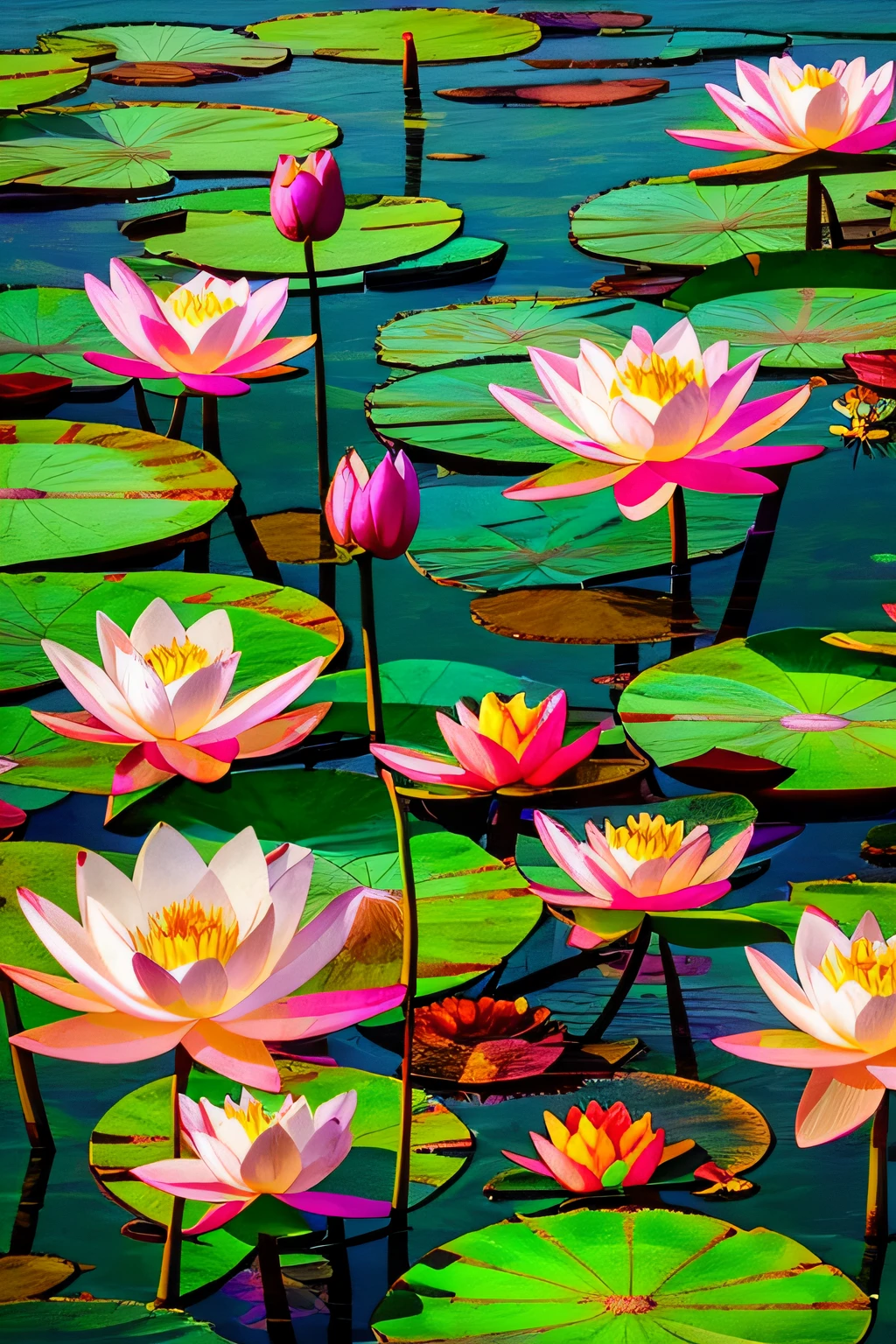 Lotus flowers in a pool of green leaves, lotuses, lotuses, lotus flowers on the water, Lotus pond, lotus petals, water lilies, standing gracefully upon a lotus, water lily mat, serene colors, waterlily pond, with lotus flowers, water lily mat, details and vivid colors, Pink Lotus Queen, lillis, water lilies