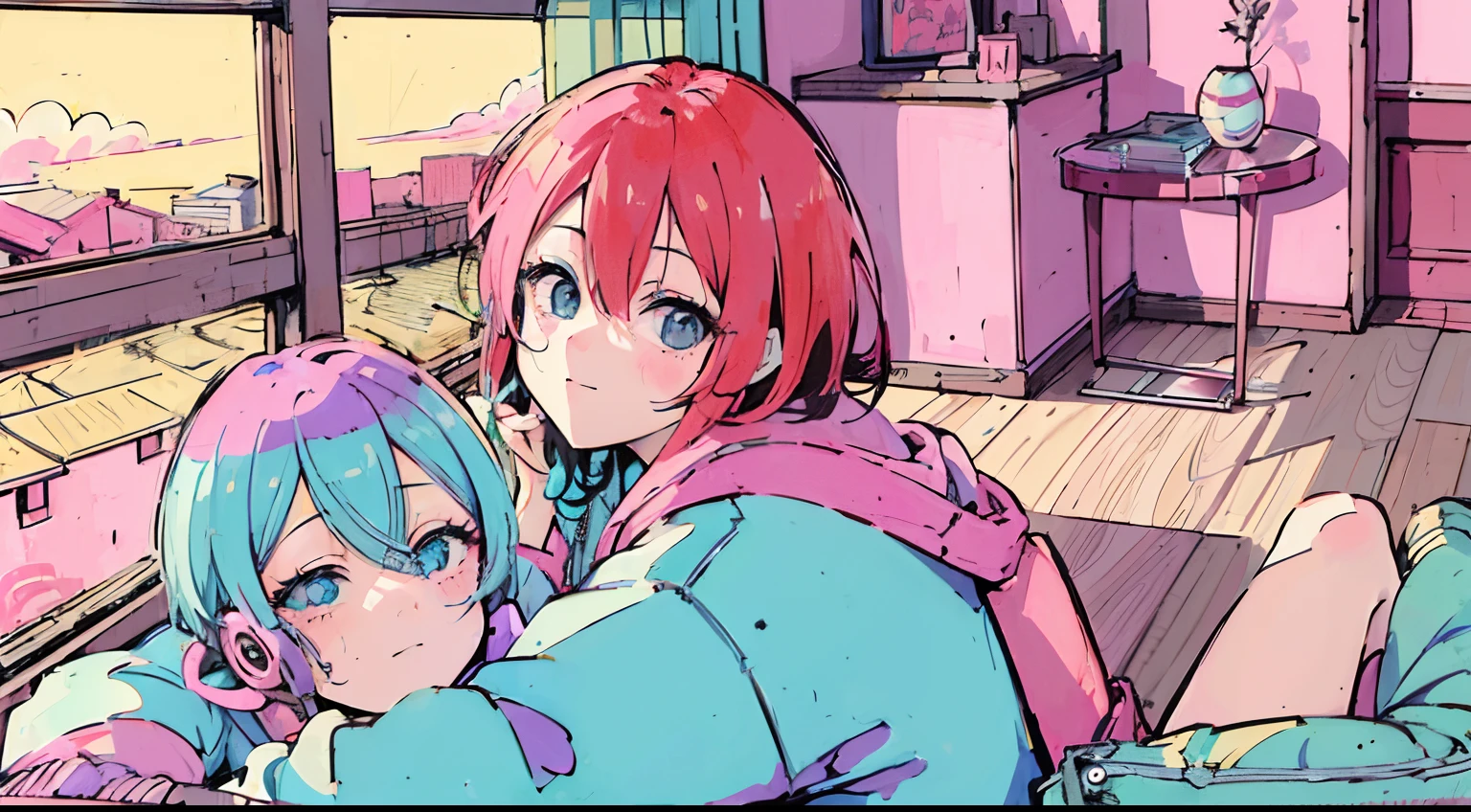 (masutepiece:1.5, Best Quality:1.5), ((Vaporwave Style, Partially colored)), close-up, From above, angle, (((vanilla))),
1girll, Solo, Cute smile, Being in the room, The doll is a mess, decadent life,
Lie down in bed, Sunset outside the window, Street outside the window, Sunset outside the window,