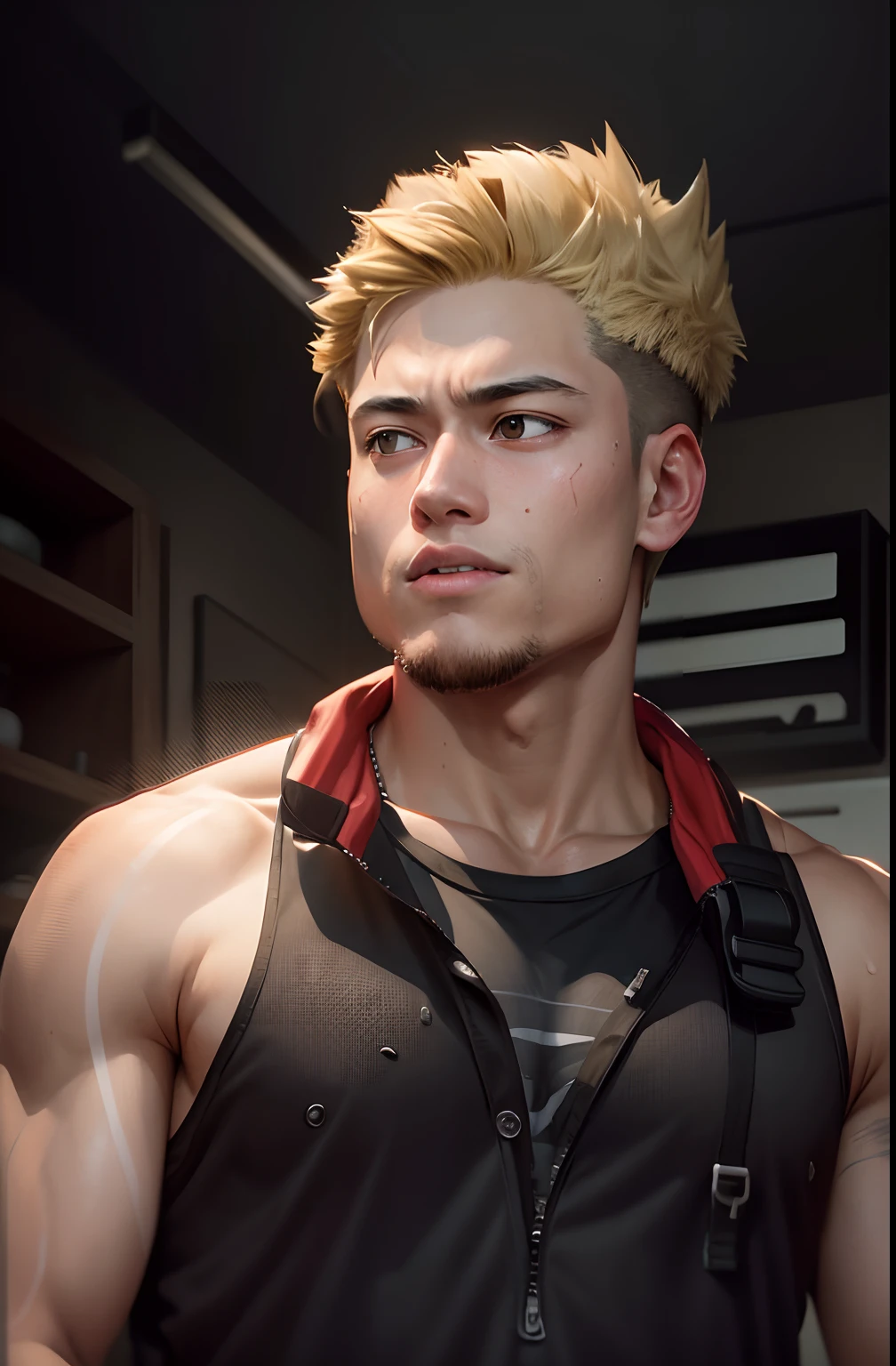 horikoshi kouhei, 1boy, absurdres, bakugou katsuki, bare shoulders, black tank top, blonde hair, blurry, blurry background, boku no hero academia, chama kou, highres, looking away, male focus, muscular, muscular male, open mouth, red eyes, short hair, spiked hair, sweat, tank top, twitter username, wiping sweat,