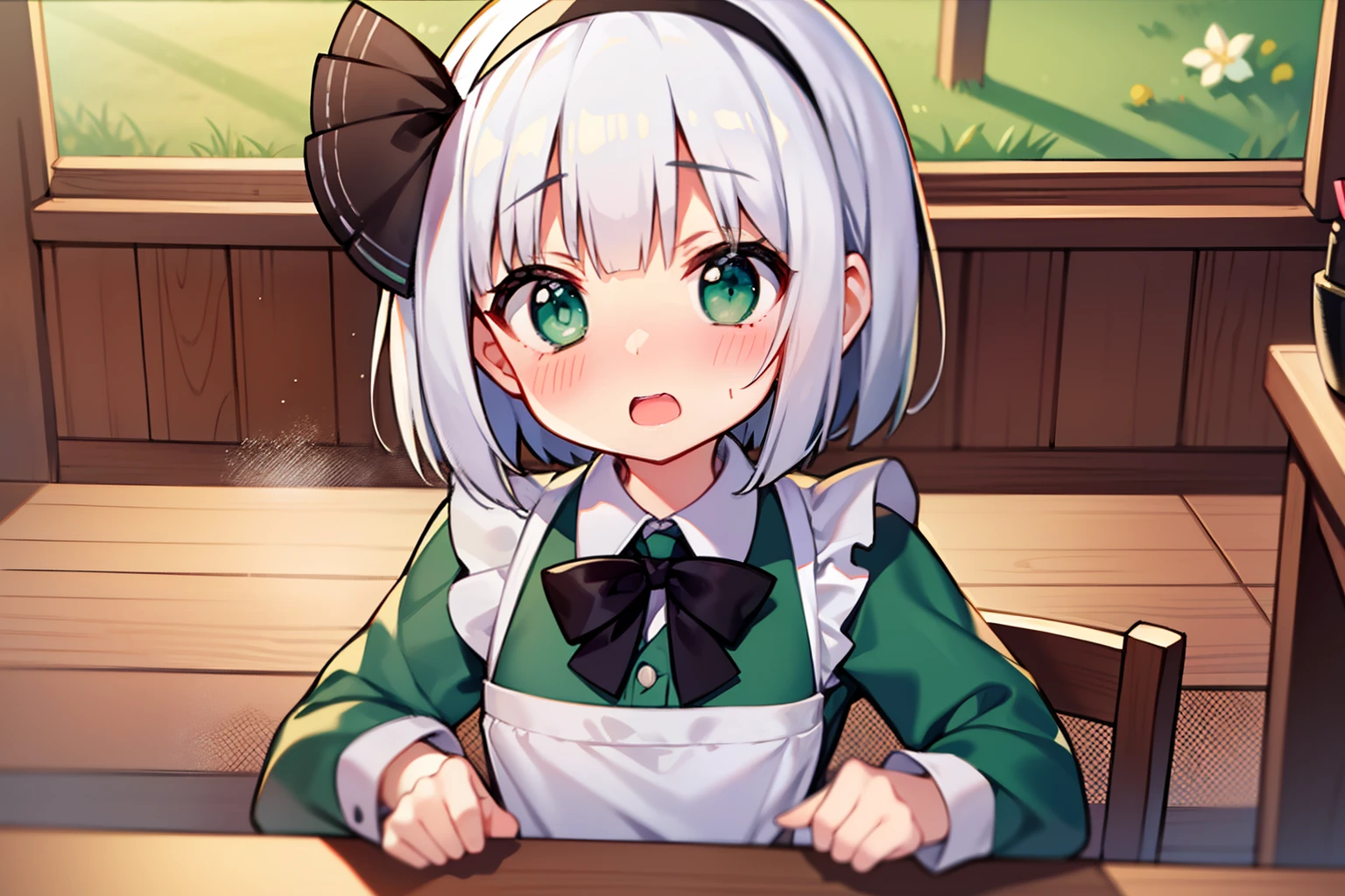 konpaku youmu、beautiful countenance、Highlights in the eyes、(embarrassed from)、with blush cheeks、Petite、White hair、Green eyes、steam、maid clothes、long-sleeve