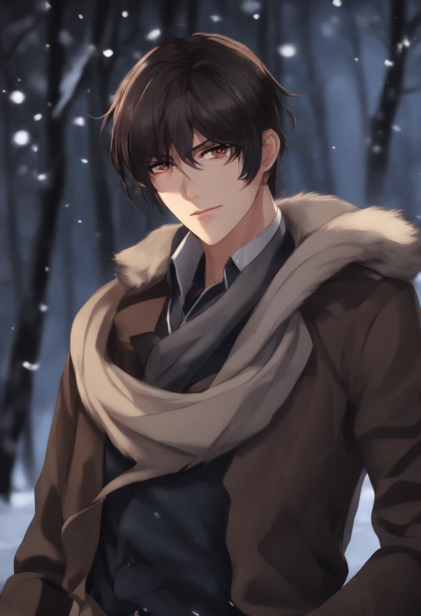 anime character, portrait gapmoe yandere grimdark, gapmoe yandere grimdark, gapmoe yandere, handsome guy in demon slayer art, portrait of eren yeager, no beard, shoulder-length dark brown hair, hair tied back, bangs are quite long, dark brown eyes, big black scarf, Black Dark blue American military uniform, tired eyes, emotionless face, 5'7 height, anime boy, white skin, Male, Dark background, snow, looking at viewer, 8k, high res, masterpiece, ultrasharp, young
