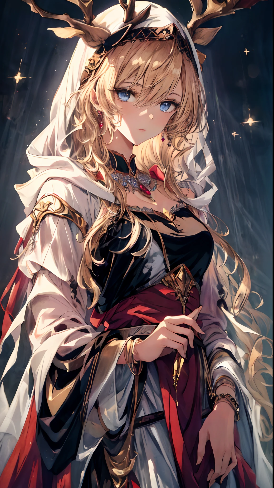 (Best quality, 4K, 8K, A high resolution, Masterpiece:1.2), Ultra-detailed, Noble maiden, Exquisite facial features,Long blonde curly hair details expressed, Graceful posture, Dreamy atmosphere, expressive brush strokes, mystical ambiance, Artistic interpretation,Delicately coiled hair,Floral jewelry with exquisite details, Crystal diamond jewelry,Small fresh aesthetics,Stunning intricate costumes, Fantasy illustration, Subtle colors and tones, The details have been upgraded