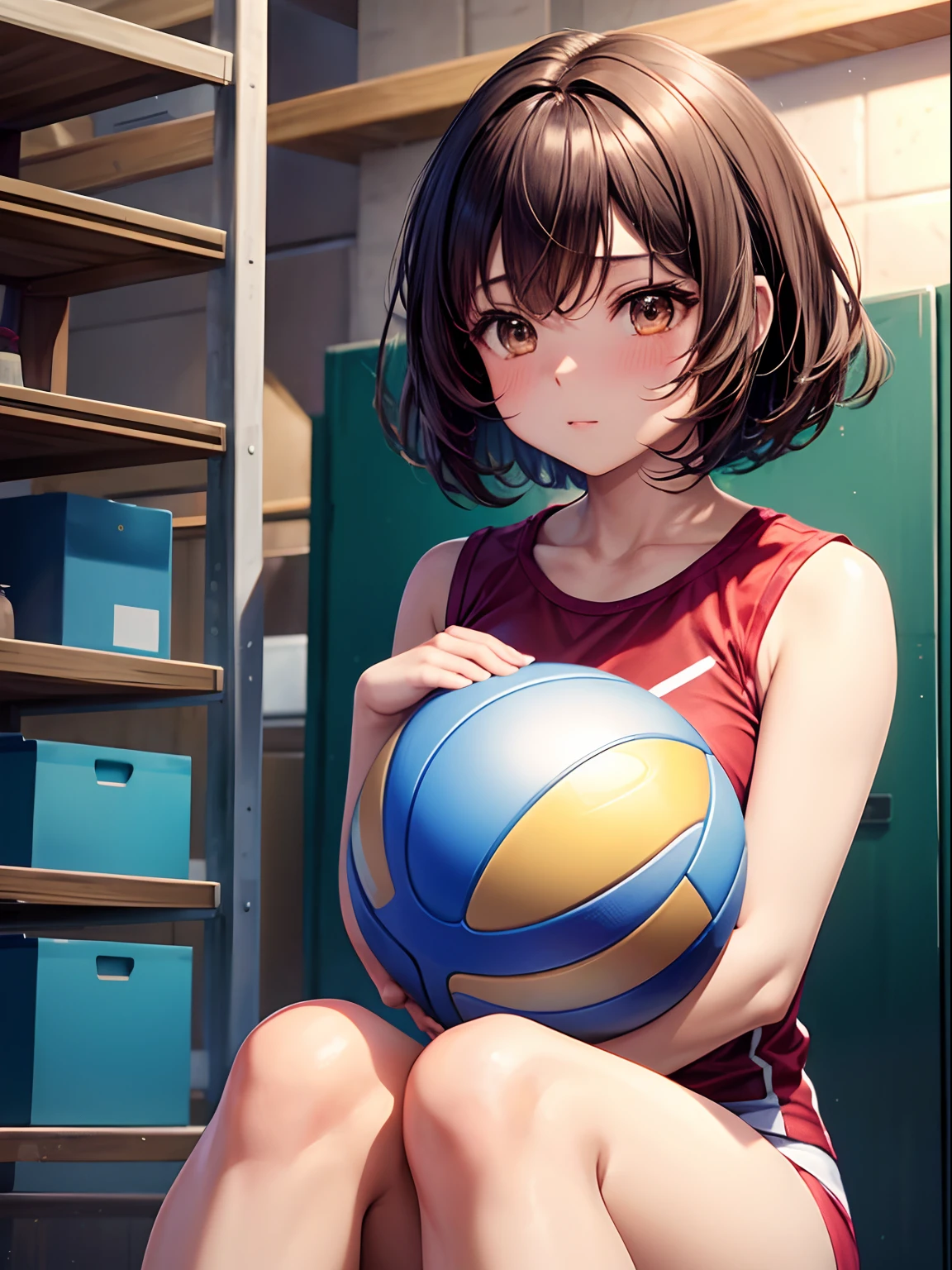 bob cuts, Floating hair, Brown hair, Light blush, Volleyball, gym storeroom, During the match, X Hair Ornament, Anime, Anime style, 4K, Textured skin, Super Detail, Best Quality, awardwinning