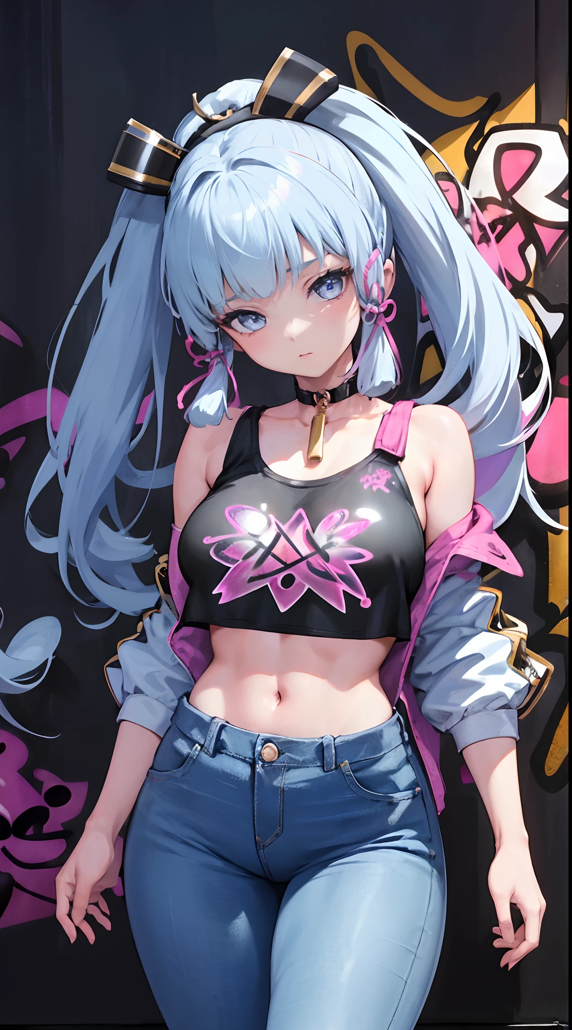 kamisato ayaka|genshin impact, master-piece, bestquality, 1girls,25 years old, oversized breasts, crop top, shorts jeans, oversized breasts, ,bara, crop top, shorts jeans, choker, (Graffiti:1.5), Splash with purple lightning pattern., arm behind back, against wall, View viewers from the front., Thigh strap, Head tilt, bored, water eyes,