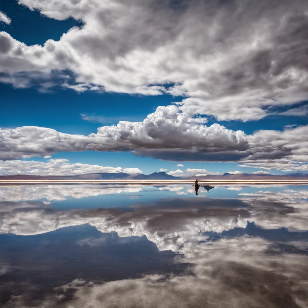 Alafed vehicle in a large body of water with clouds in the sky, At Salar de Uyuni, Amazing reflections of the sky, Incredible reflections, beautiful reflection, stunning photo, epic and stunning, Crossing the Blue Horizon