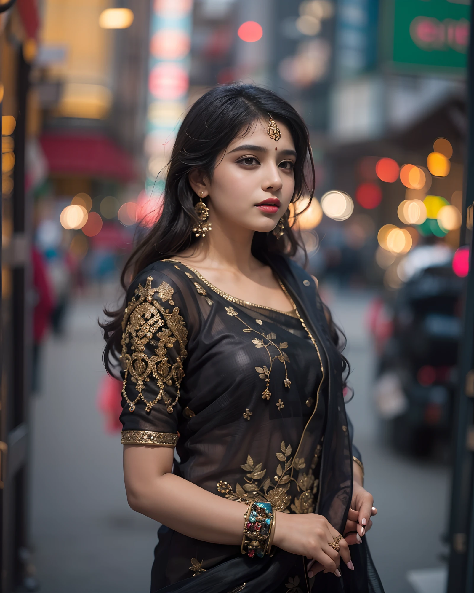 (((desi girl))), chubby face, natural skin, wearing hot deep neck top and dupatta, charming black hair, ((hair ends are blonde)), city streets background, bokeh
