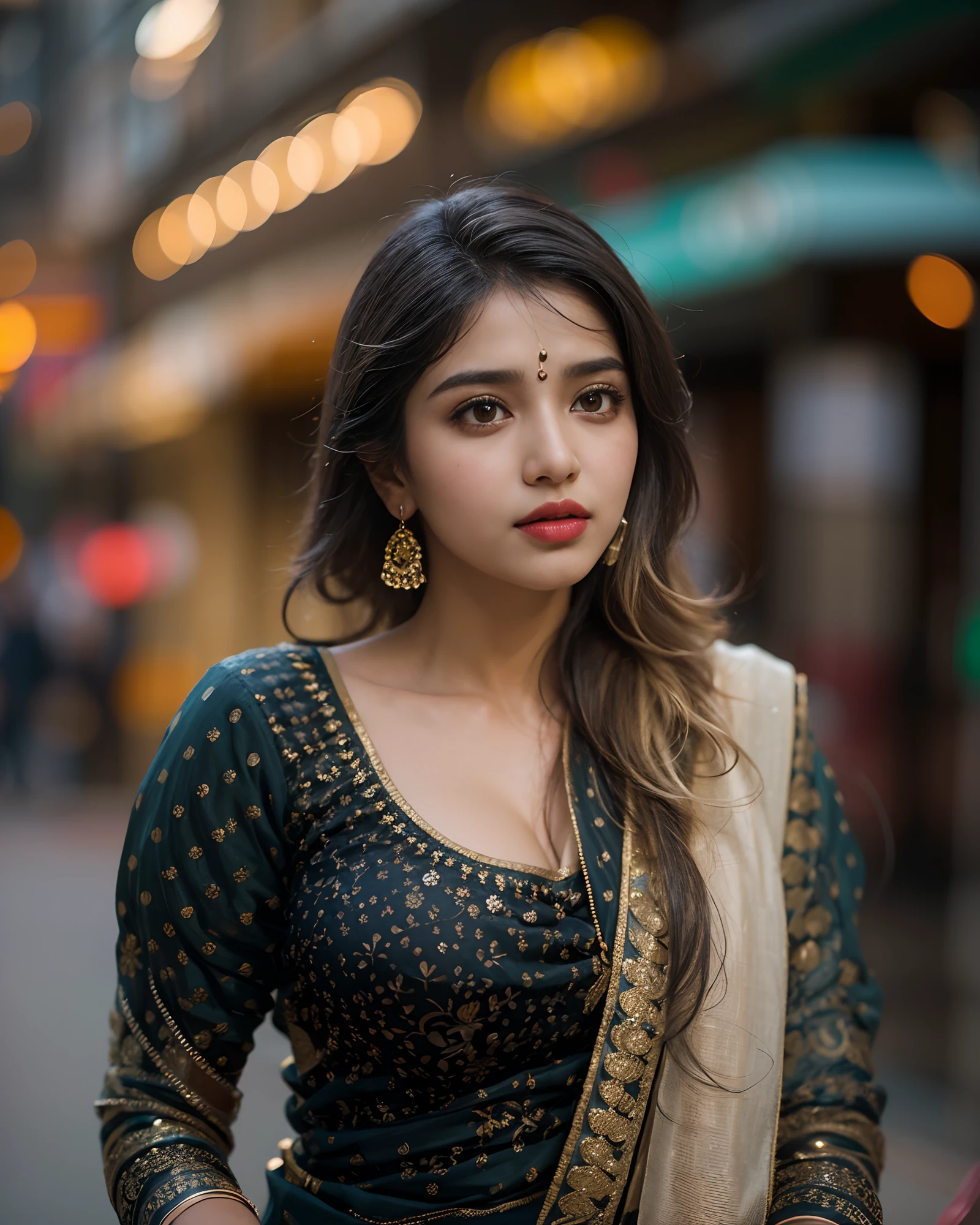 (((desi girl))), chubby face, natural skin, wearing hot deep neck top and dupatta, charming black hair, ((hair ends are blonde)), city streets background, bokeh