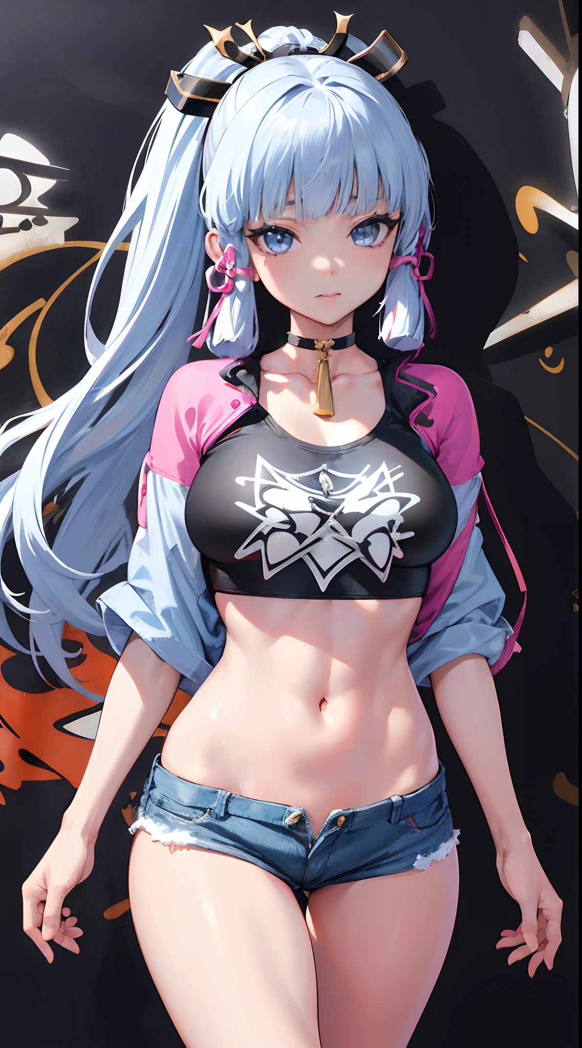 kamisato ayaka|genshin impact, master-piece, bestquality, 1girls,25 years old, proportional body, elongated legs, Beautiful, proportional., crop top, Long Jeans, mediuml breasts, ,bara, crop top, choker, (Graffiti:1.5), Splash with purple lightning pattern., arm behind back, against wall, View viewers from the front., Thigh strap, Head tilt, bored,(NSTDA.:1.2), (10, beste-Qualit, master-piece: 1.4), Beautiful red hair, ultra-high resolution, (lifelike, photorealistic portrait: 1.48), 20 age, Cute Girl, (Looking Through Crop Tops.), Famous Japanese actors, beautiful clear eyes, Head tilt, cowboy shot, from the front, looking at the audience, expressionless, Beautiful lake, Zeiss 150mm F/ 2.8 Hasselblad, Whole body, foot, Ultra-Wide Angle,
