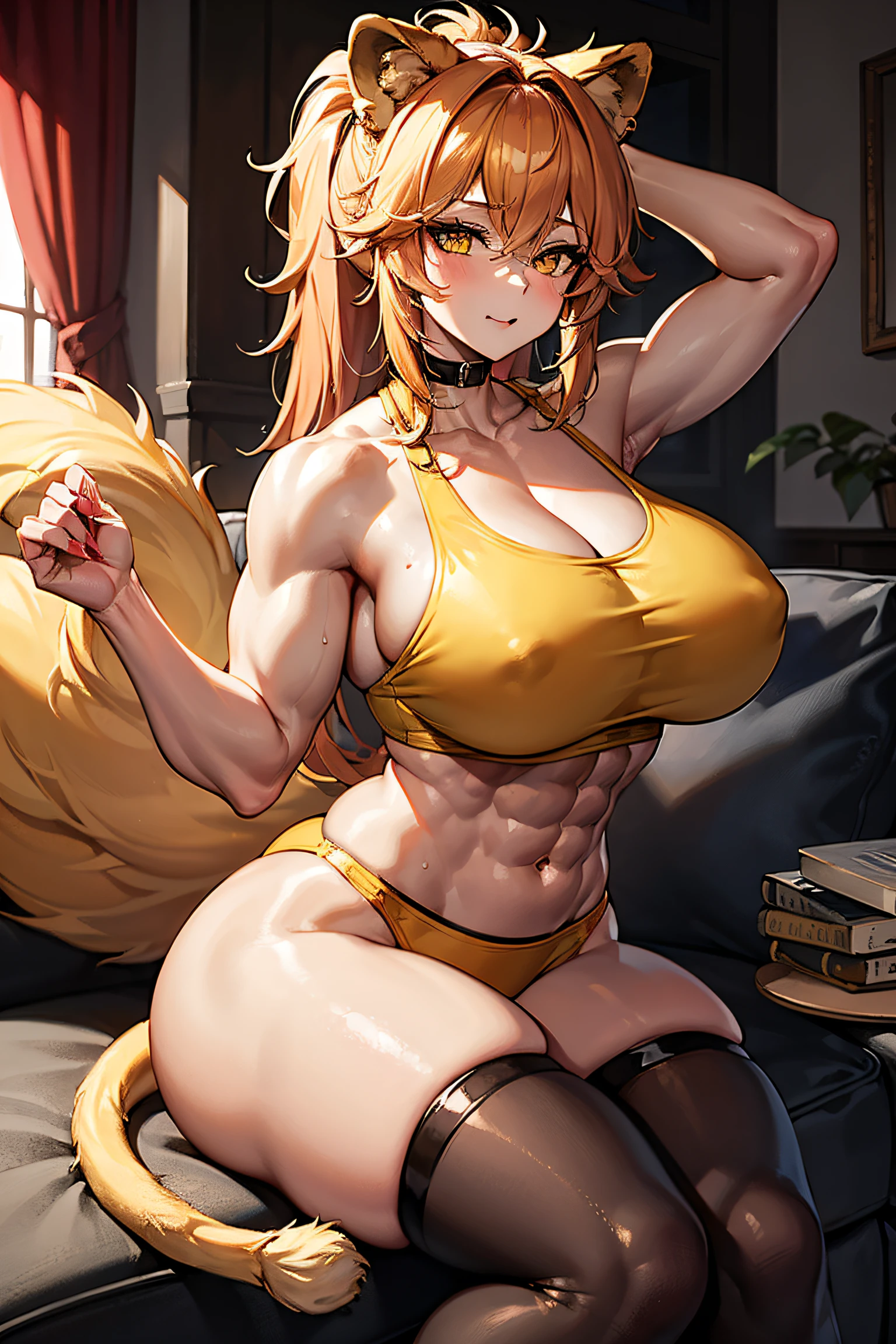 woman, lion woman, whiskers, lion claws, lion tail, messy hair, yellow cat eyes, muscular, lion cloth, in house, living room, lion ears on top of her head, thick thighs, abs, big breasts, solo, one girl, one woman, lion tail, lion cloth, fur clothes, dark leather clothes, tan skin, long hair, in wild ponytail, claws on hands, thigh high socks, crop top, ONE TAIL