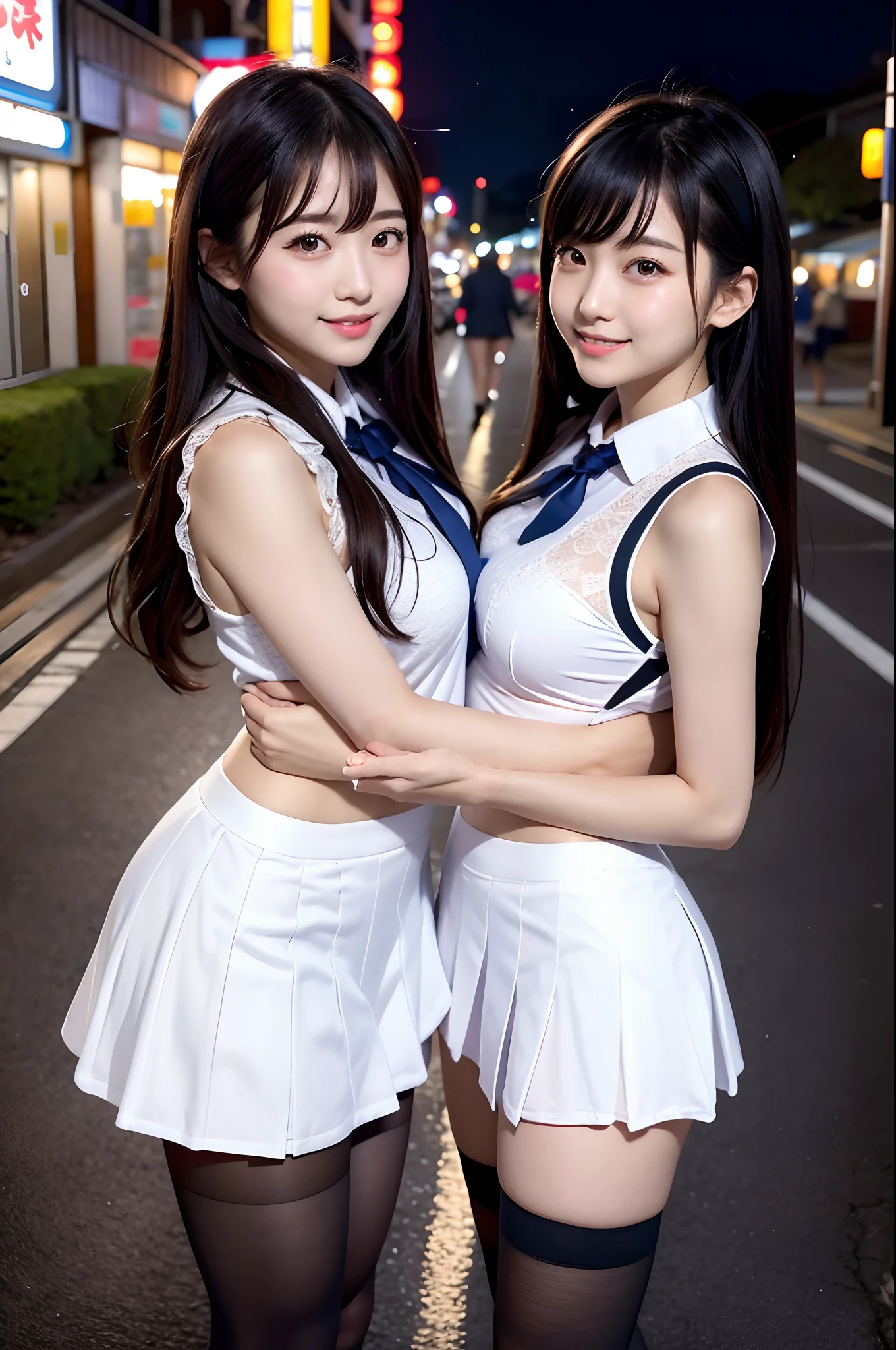 high-angle shot、Center view、Two arafe asian women in satin shimmies standing on neon street in the middle of the night、Phenomenally cute girl、japanaese girl、Wearing a lace slip shimmy、a hyperrealistic schoolgirl、a hyperrealistic schoolgirl、Schoolgirl Pose、full body Esbian、Nice skin、glistning skin、lovely thighs、glowing thigh、shining legs、Black high socks above the knee、High School in Japan 、乃木坂アイドル、韓国アイドル、Invite you inside、Inviting eyes