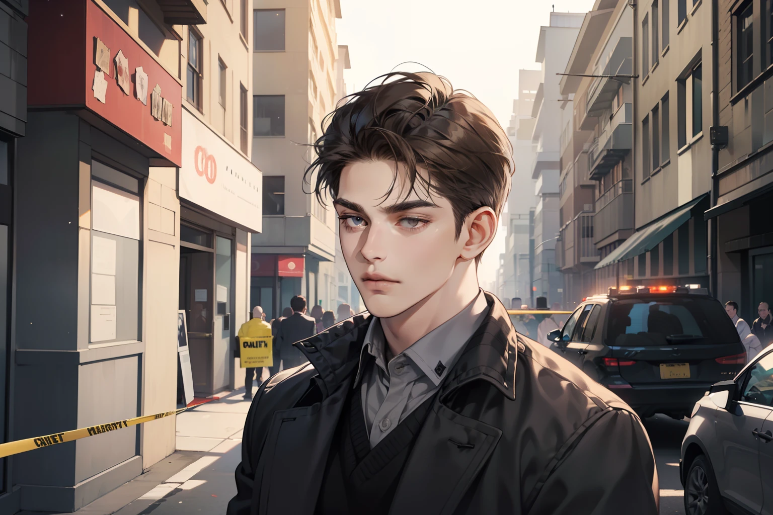 masterpiece, best quality, realistic, 1man, mature male, quiet and charming young man, 25 years old, close his eyes, serious look, extremely detailed face, ((dark grey eyes)), ((short-right-swept dark brown hair)), [thick eyebrows], detective, ((at the crime scene)), cinematic lighting, looking at the audience, posture dynamics, inspecting the crime scene.