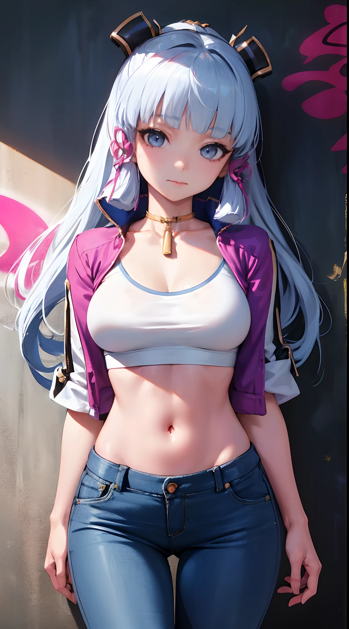 kamisato ayaka|genshin impact, master-piece, bestquality, 1girls,25 years old, proportional body, elongated legs, Beautiful, proportional., crop top, Long Jeans, mediuml breasts, ,bara, crop top, choker, (Graffiti:1.5), Splash with purple lightning pattern., arm behind back, against wall, View viewers from the front., Thigh strap, Head tilt, bored,(NSTDA.:1.2), (10, beste-Qualit, master-piece: 1.4), Beautiful red hair, ultra-high resolution, (lifelike, photorealistic portrait: 1.48), 20 age, Cute Girl, (Looking Through Crop Tops.), Famous Japanese actors, beautiful clear eyes, Head tilt, cowboy shot, from the front, looking at the audience, expressionless, Beautiful lake, Zeiss 150mm F/ 2.8 Hasselblad, Whole body, foot, Ultra-Wide Angle,